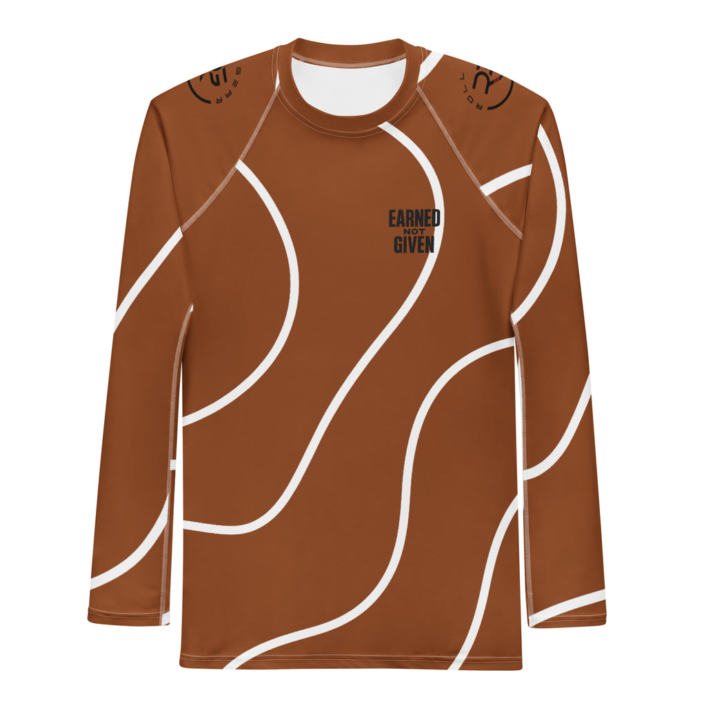 Brown long-sleeve shirt with white abstract patterns on a white background