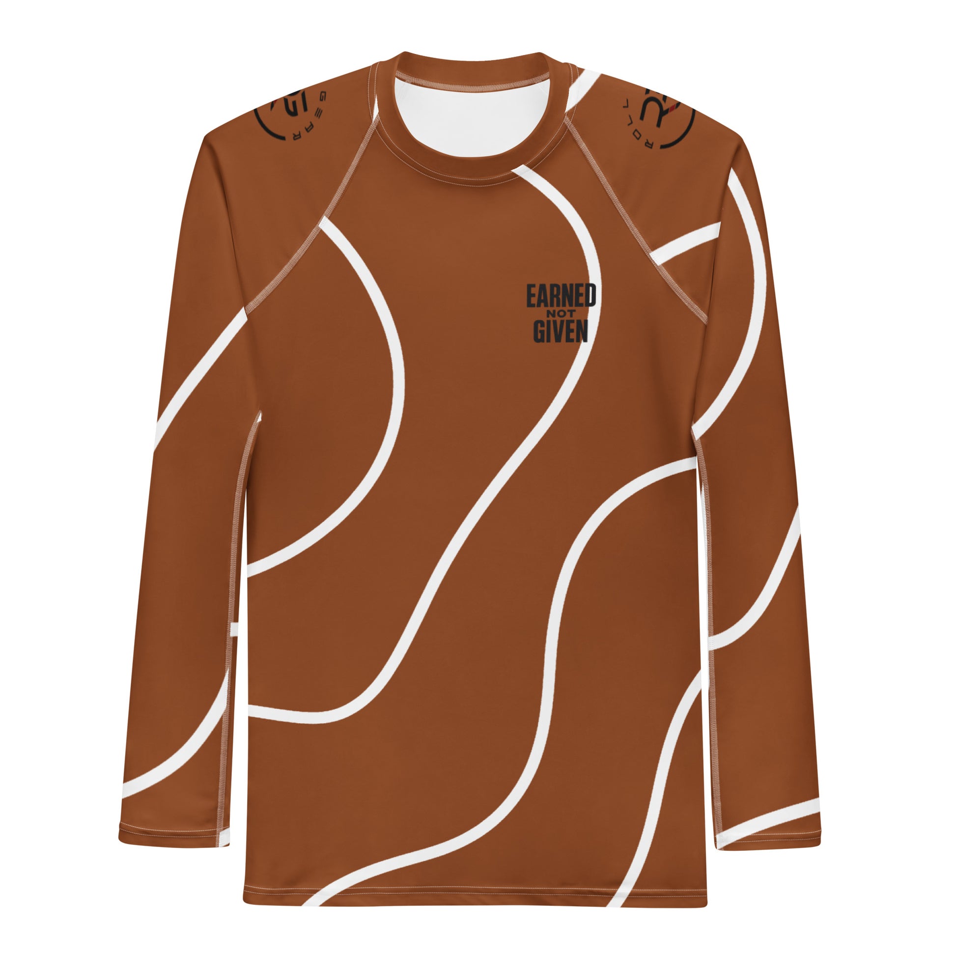 Brown long-sleeve shirt with white abstract patterns on a white background
