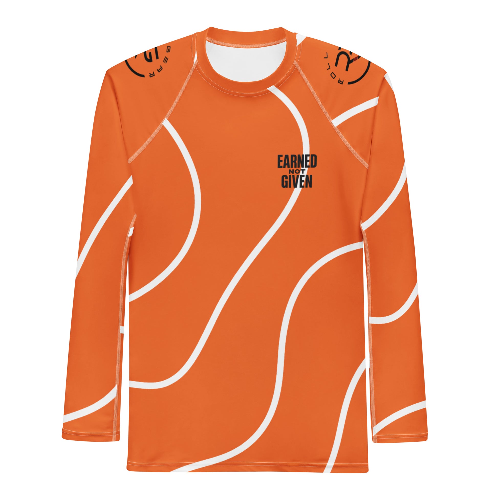 Orange long-sleeve shirt with white patterns and text on a white background