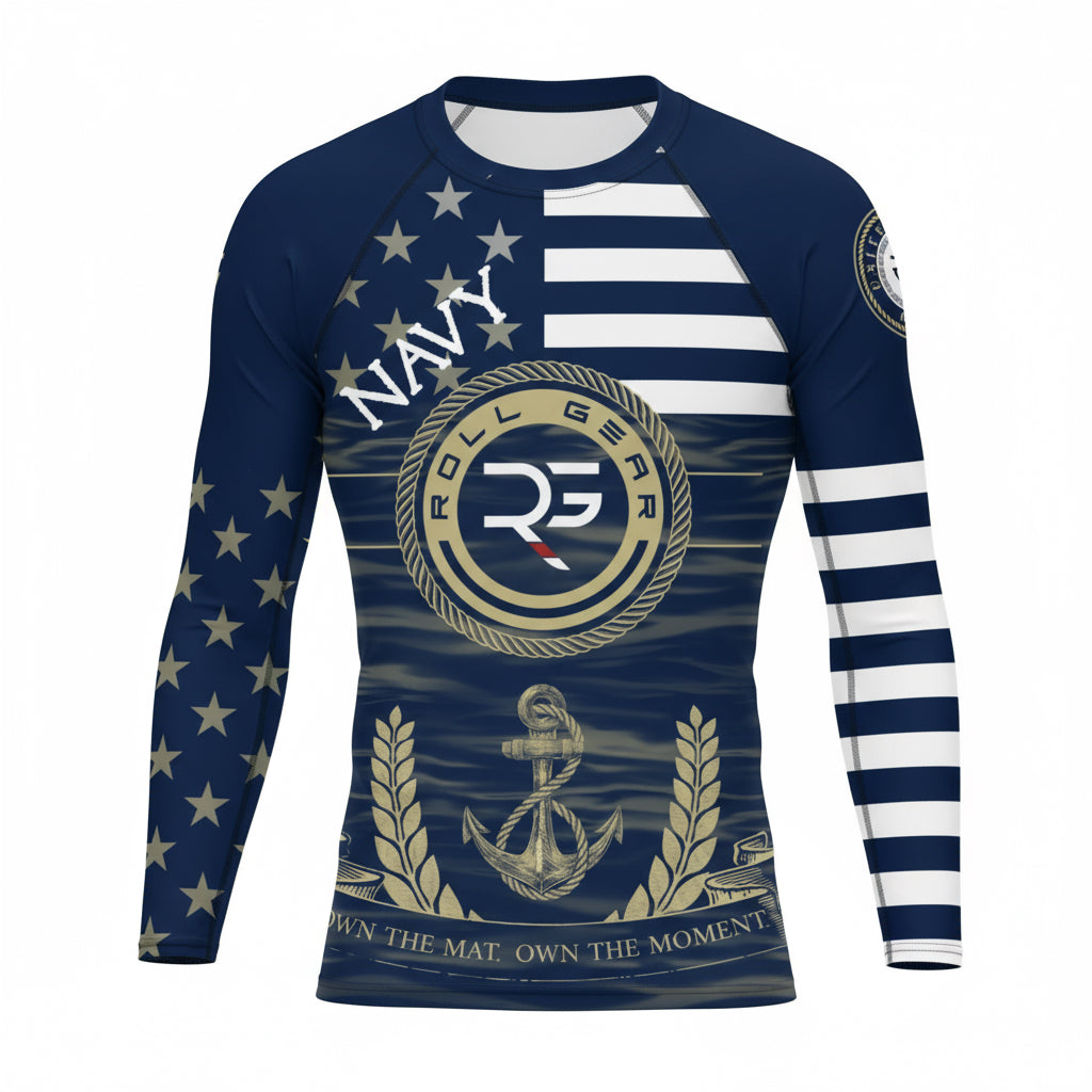 Navy-themed long-sleeve shirt with 'Roll Gear' logo and design elements on a white background