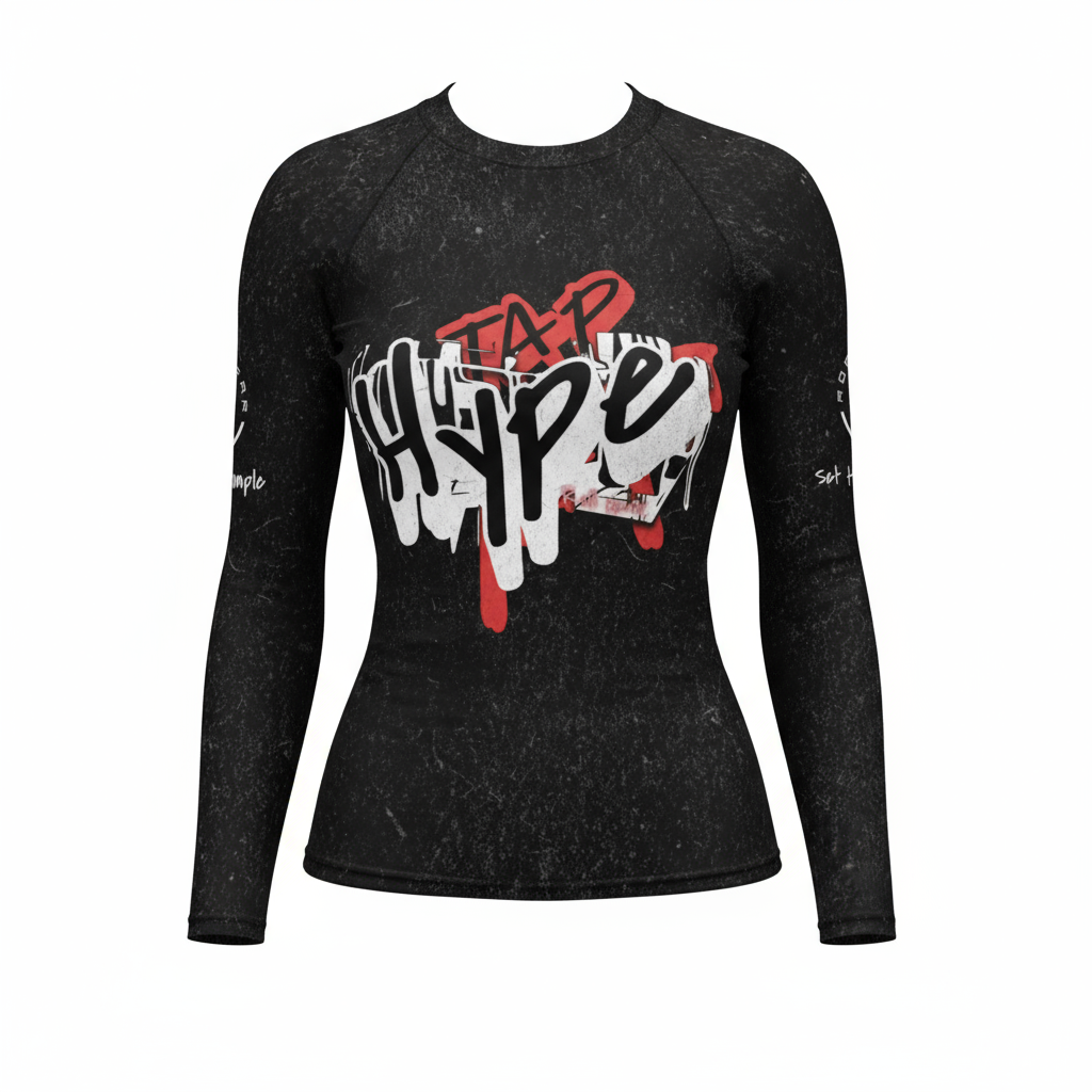 Black long-sleeve shirt with 'Tap Shape' graphic design on a white background