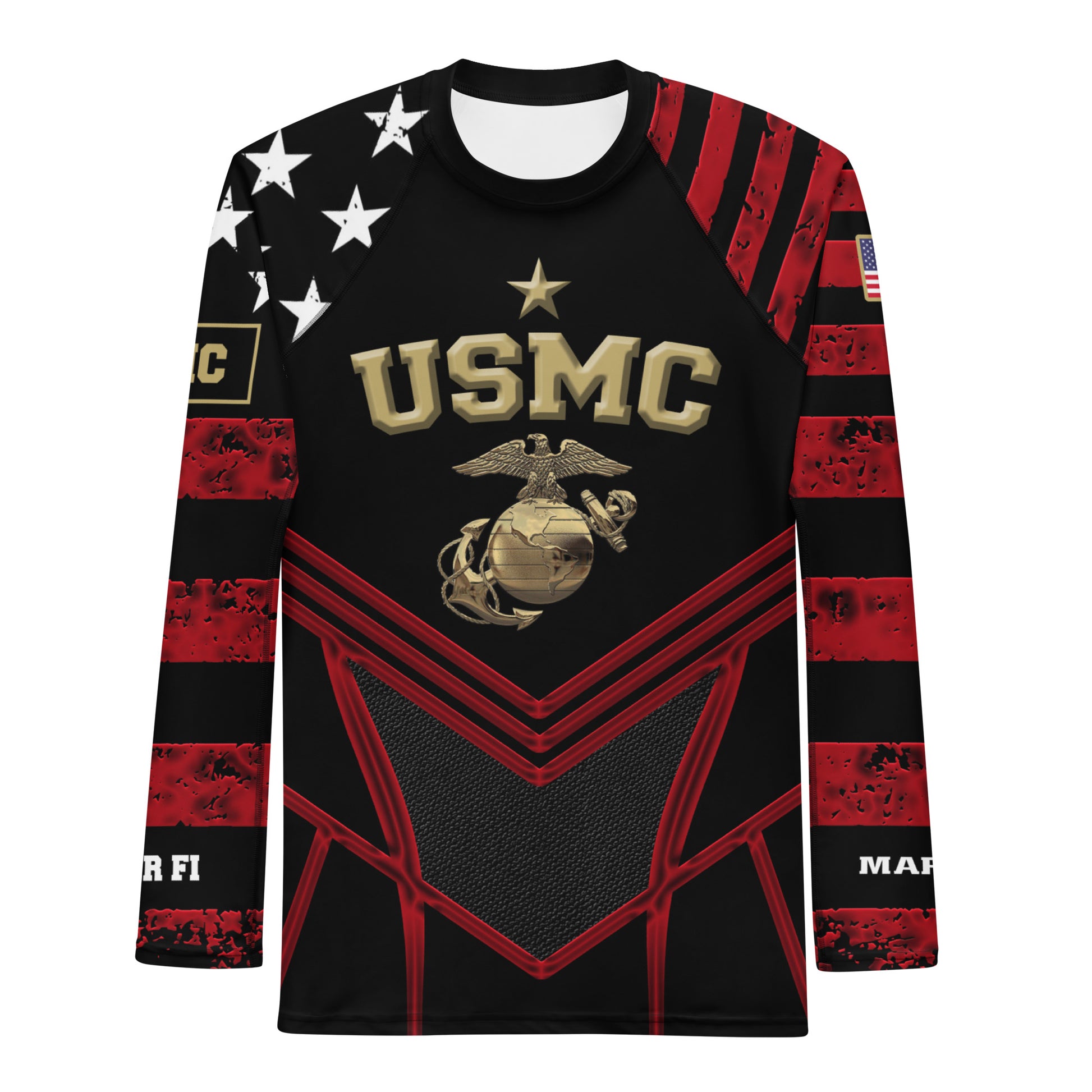 Long-sleeve shirt with USMC logo and design on a white background