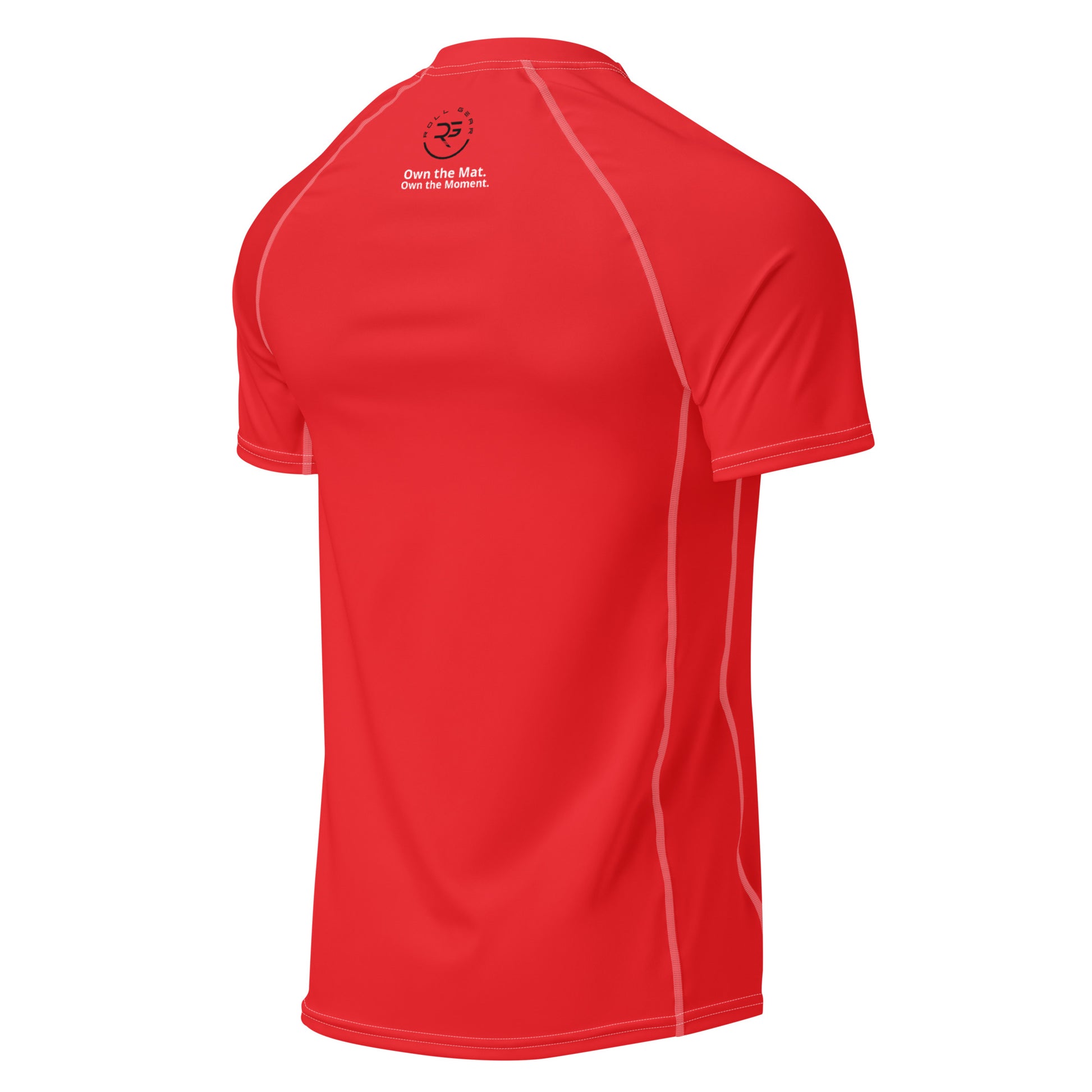 Back view of the all-red Roll Gear rash guard showing smooth flatlock seams, fitted athletic cut, and moisture-wicking recycled fabric.