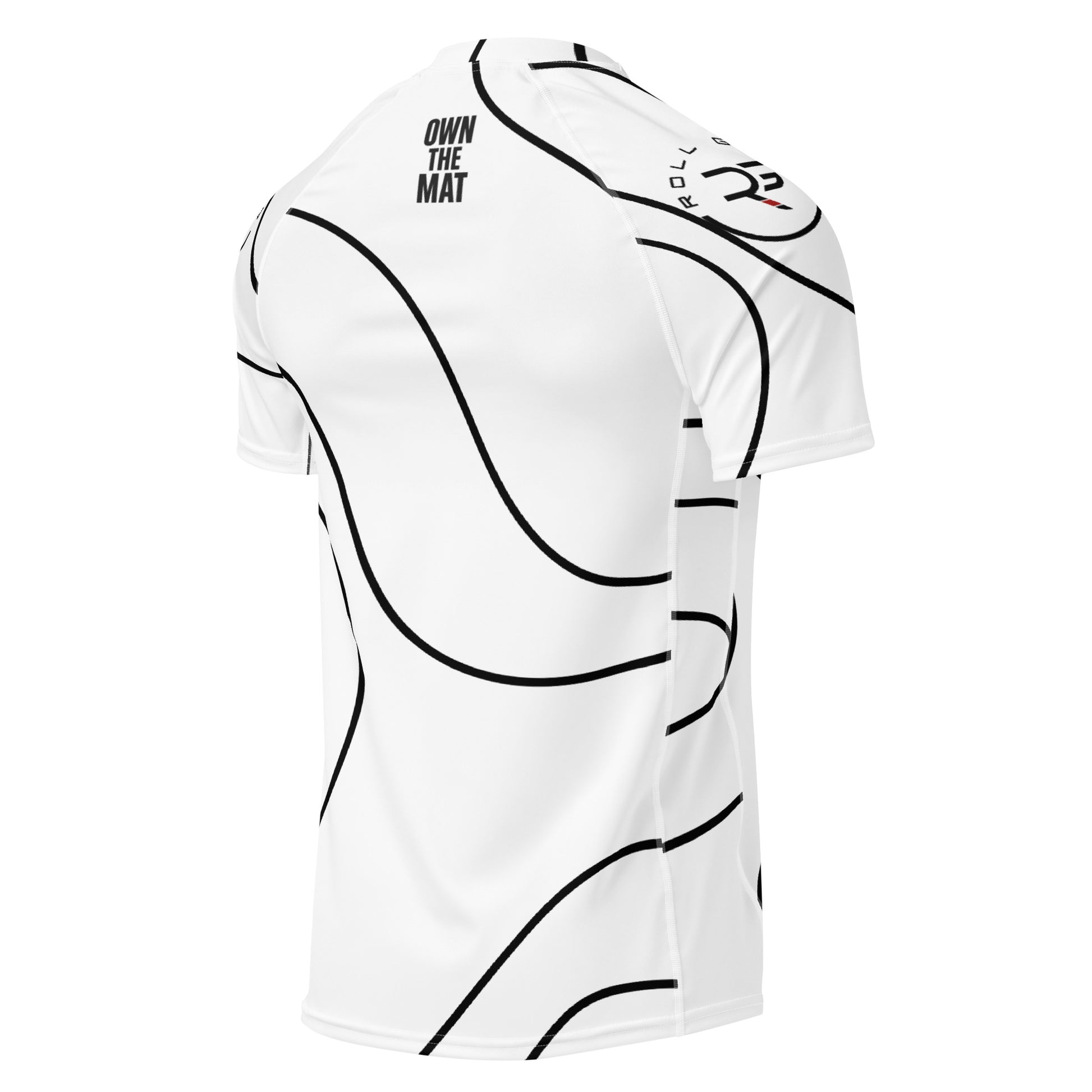 Roll Gear minimal contour lines rash guard. Short sleeve BJJ rash guard. Earned not given. Own the mat. White and black. Back View