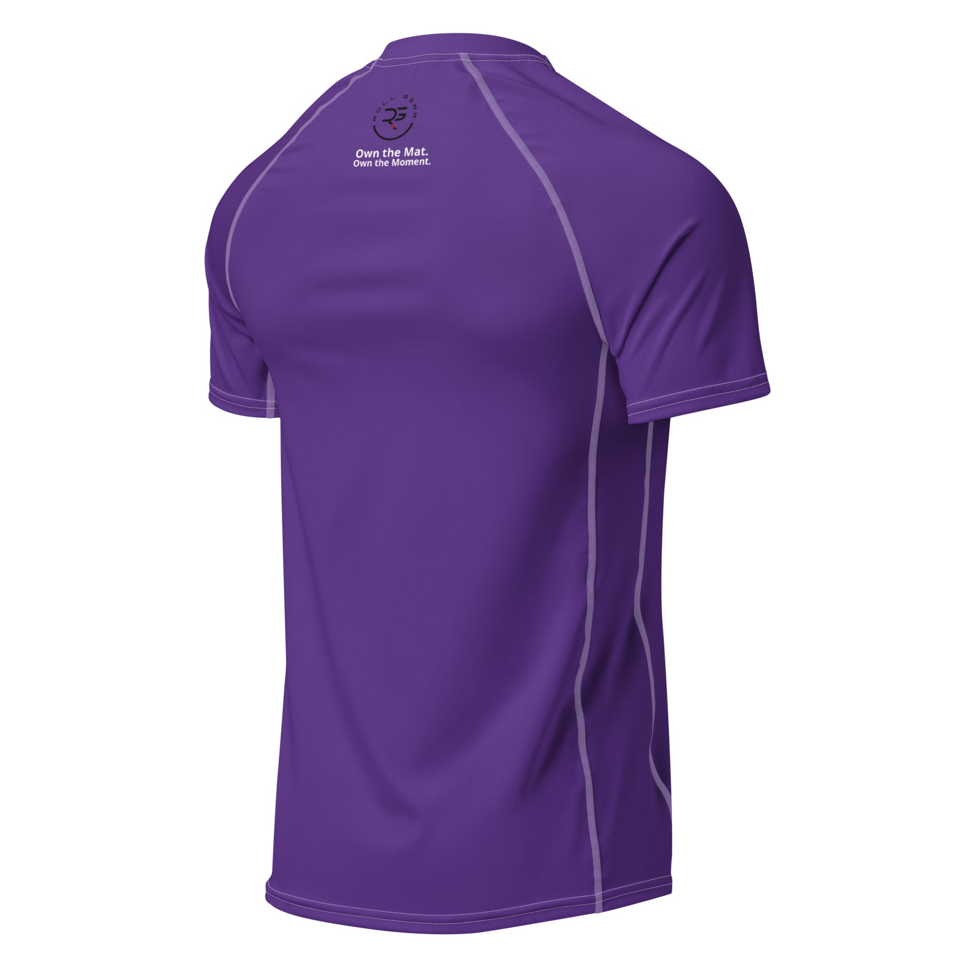 Back view of purple short sleeve BJJ rash guard with minimalist design and athletic fit – built for durability, flexibility, and purple belt grapplers