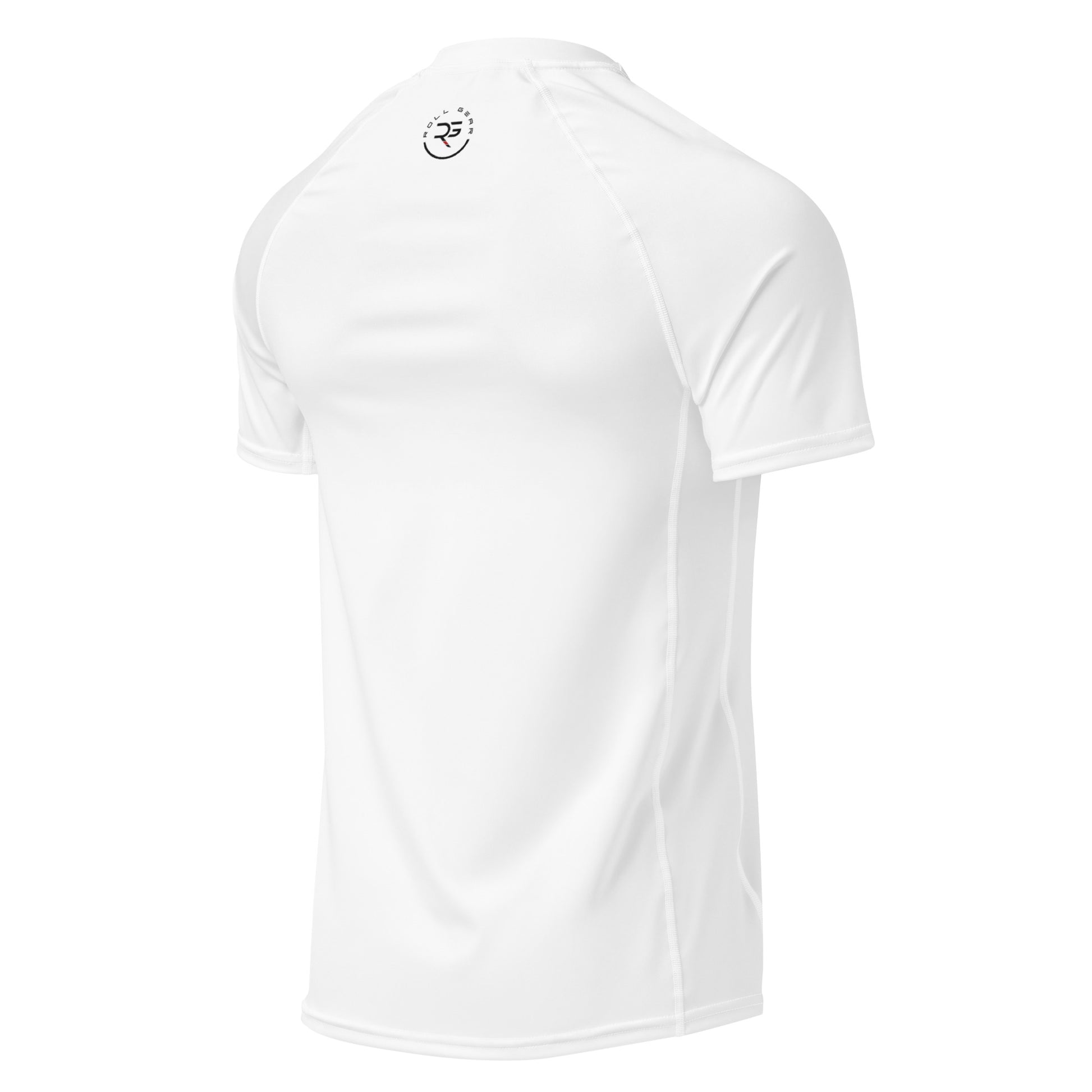 Back view of white short sleeve BJJ rash guard with streamlined cut and durable stitching – ideal entry-level grappling gear for no-gi jiu-jitsu and MMA training
