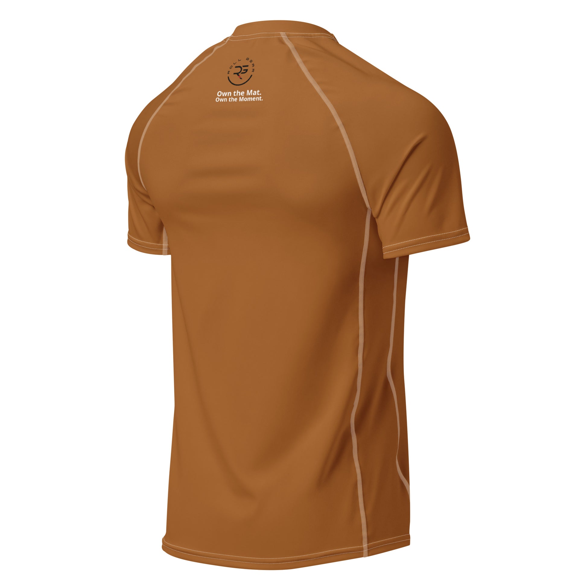 Back view of brown short sleeve BJJ rash guard with clean finish and athletic cut – ideal for advanced no-gi training, grappling, and brown belt jiu-jitsu practitioners
