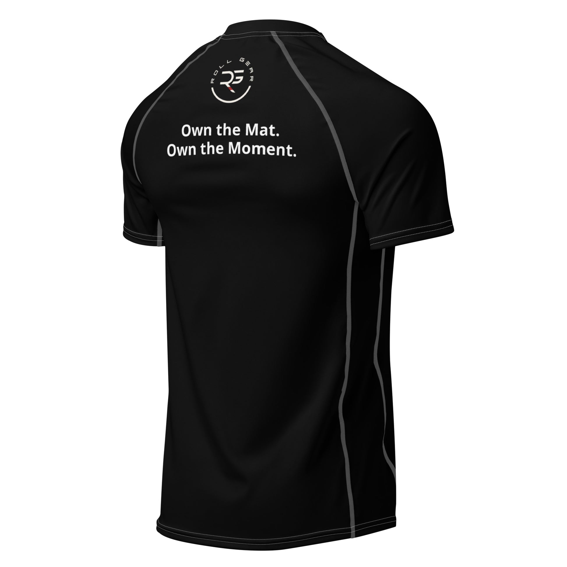 Back view of black short sleeve BJJ rash guard with grey stitching – sleek compression fit with no back graphics, ideal for no-gi training, MMA, and Brazilian Jiu-Jitsu
