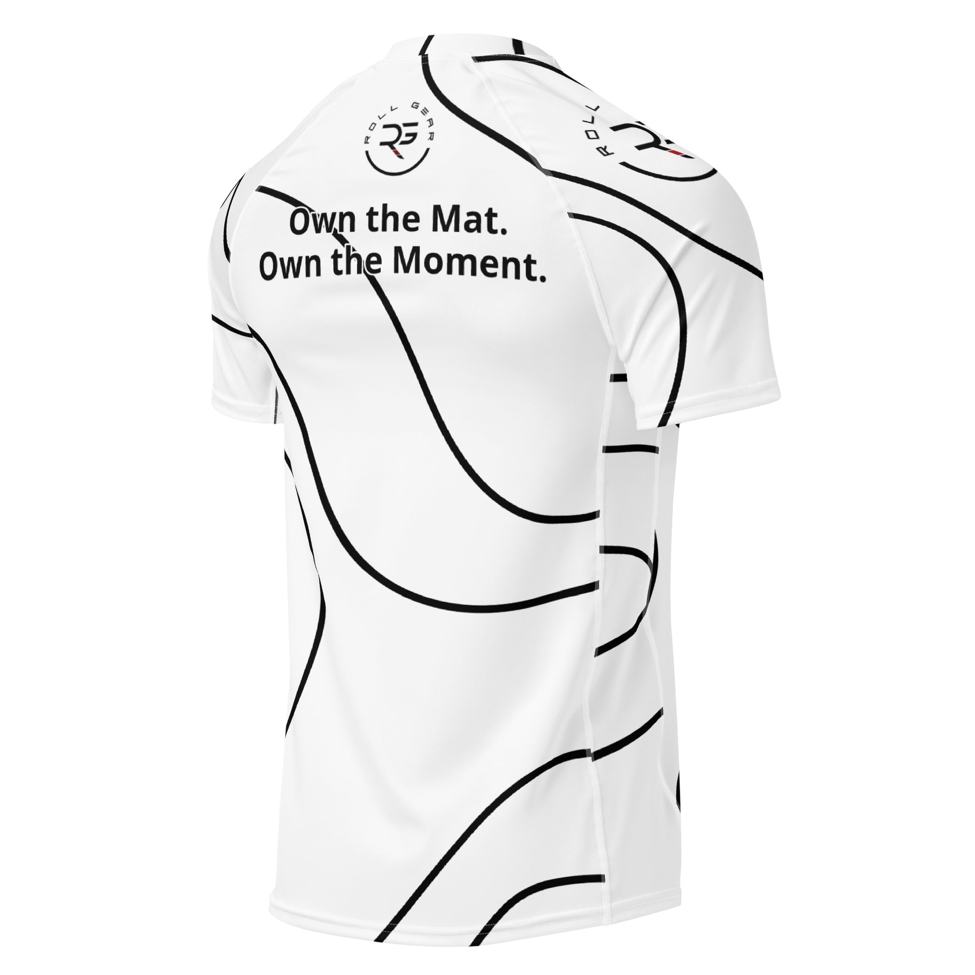 White athletic shirt with black text and abstract designs on a white background
