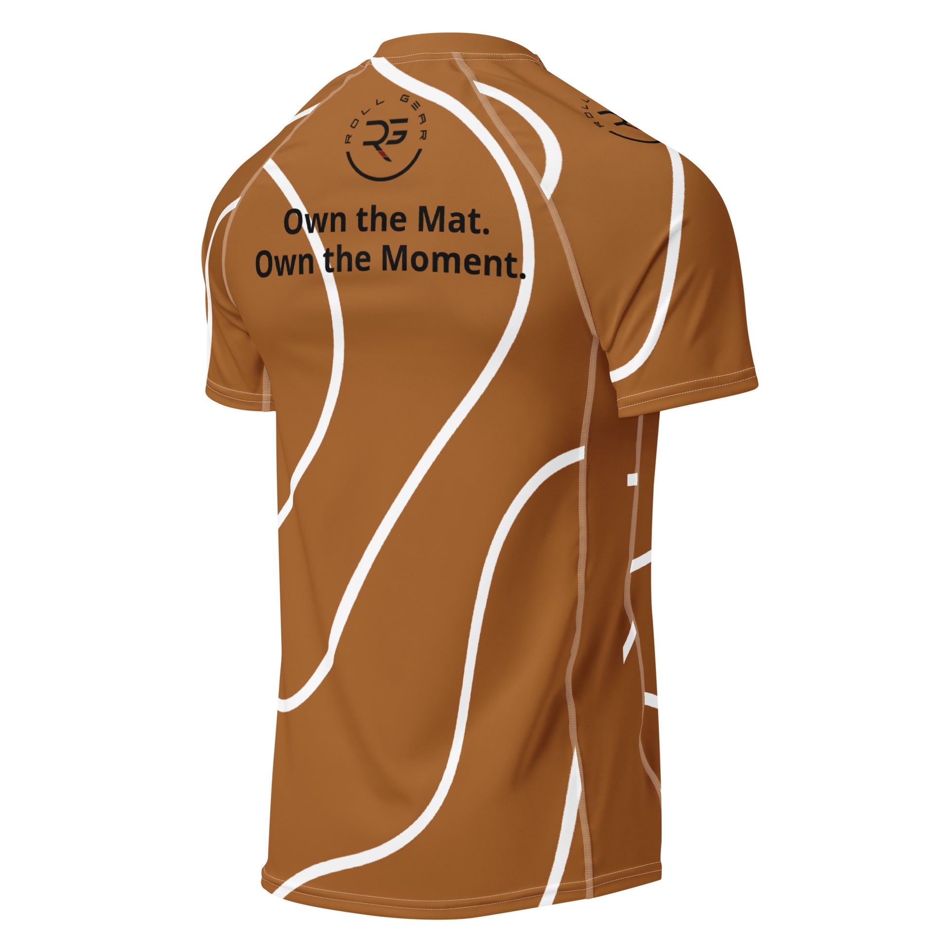 Brown sports jersey with white accents and text on a white background