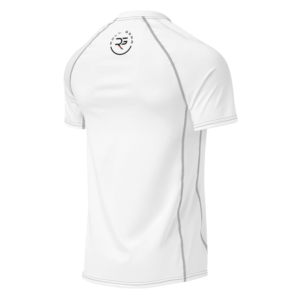 White athletic shirt with a logo on the chest against a white background