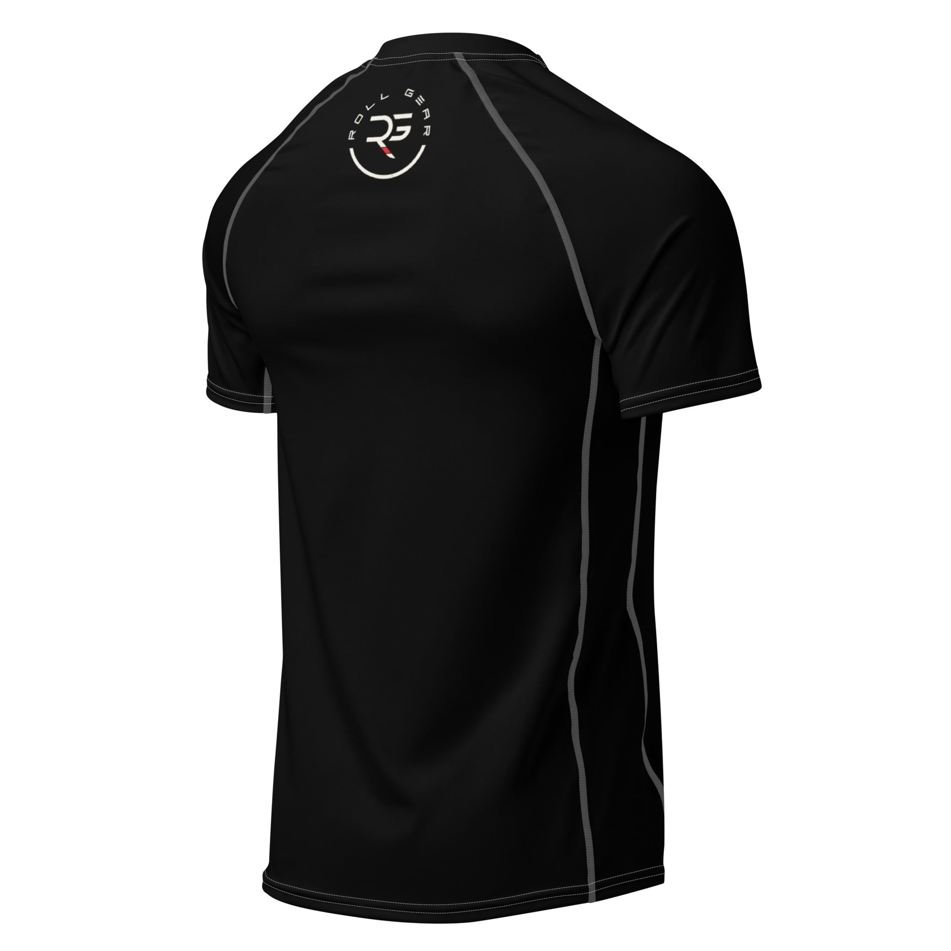 Black athletic shirt with a logo on the back against a white background