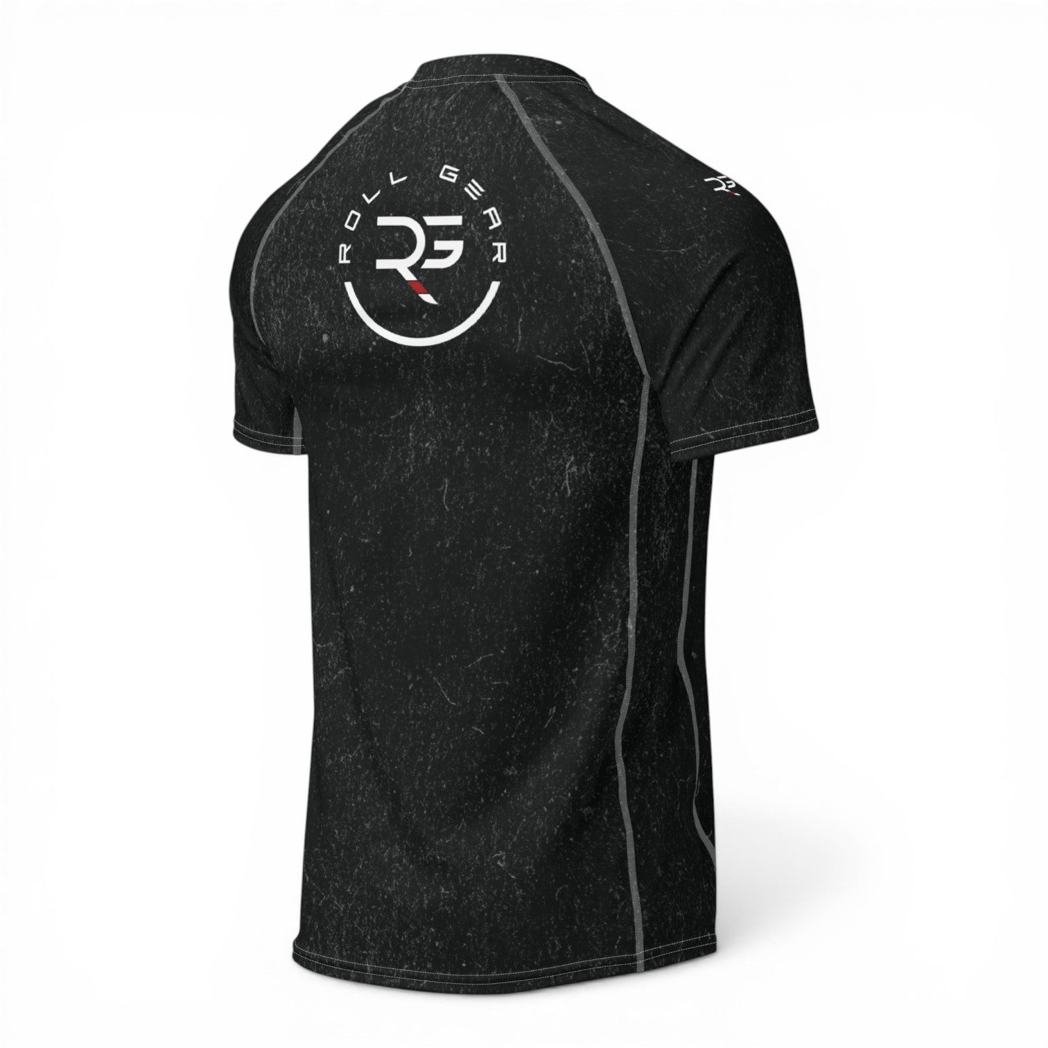 Black athletic shirt with a logo on the back against a white background