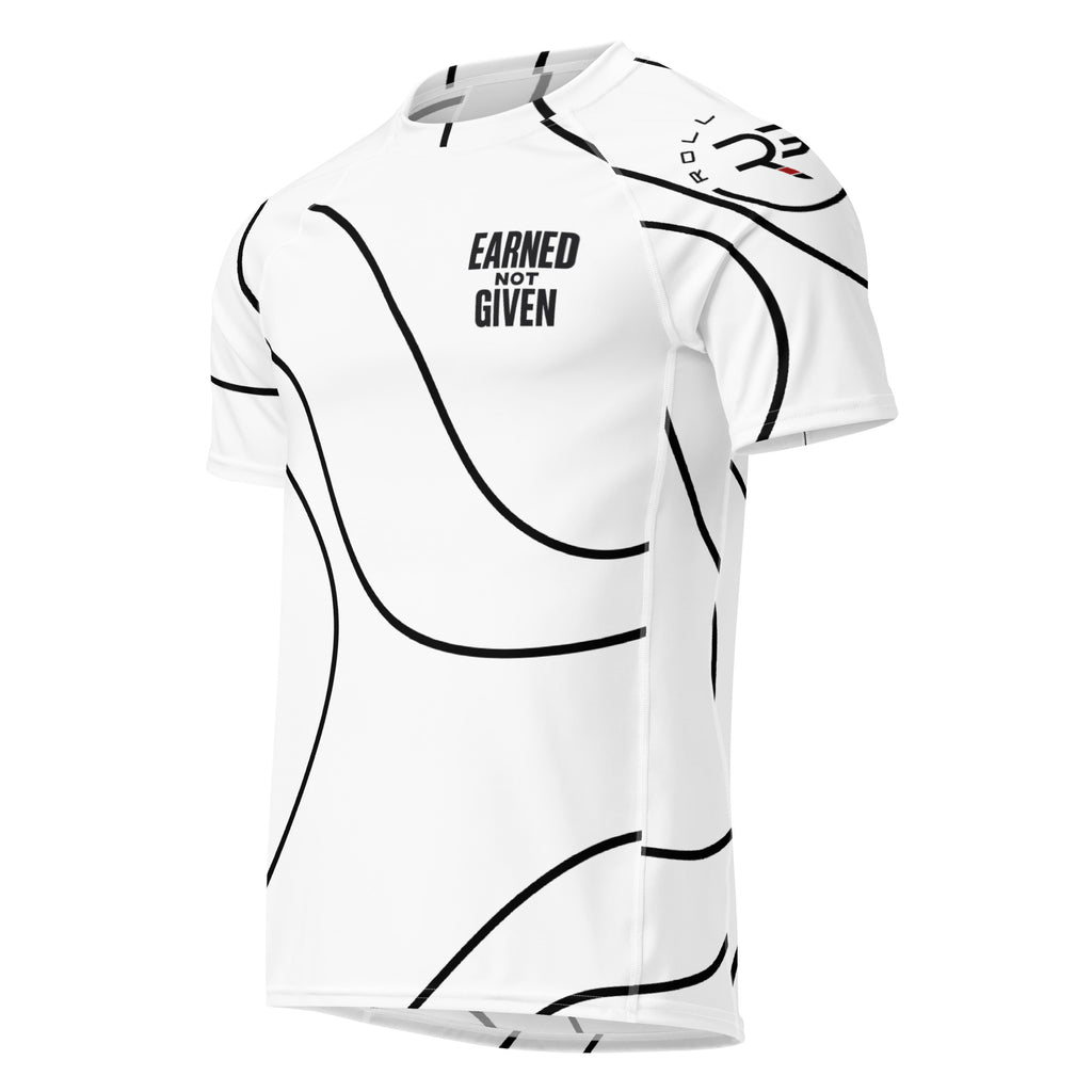 Roll Gear minimal contour lines rash guard. Short sleeve BJJ rash guard. Earned not given. Own the mat. White and black. 
