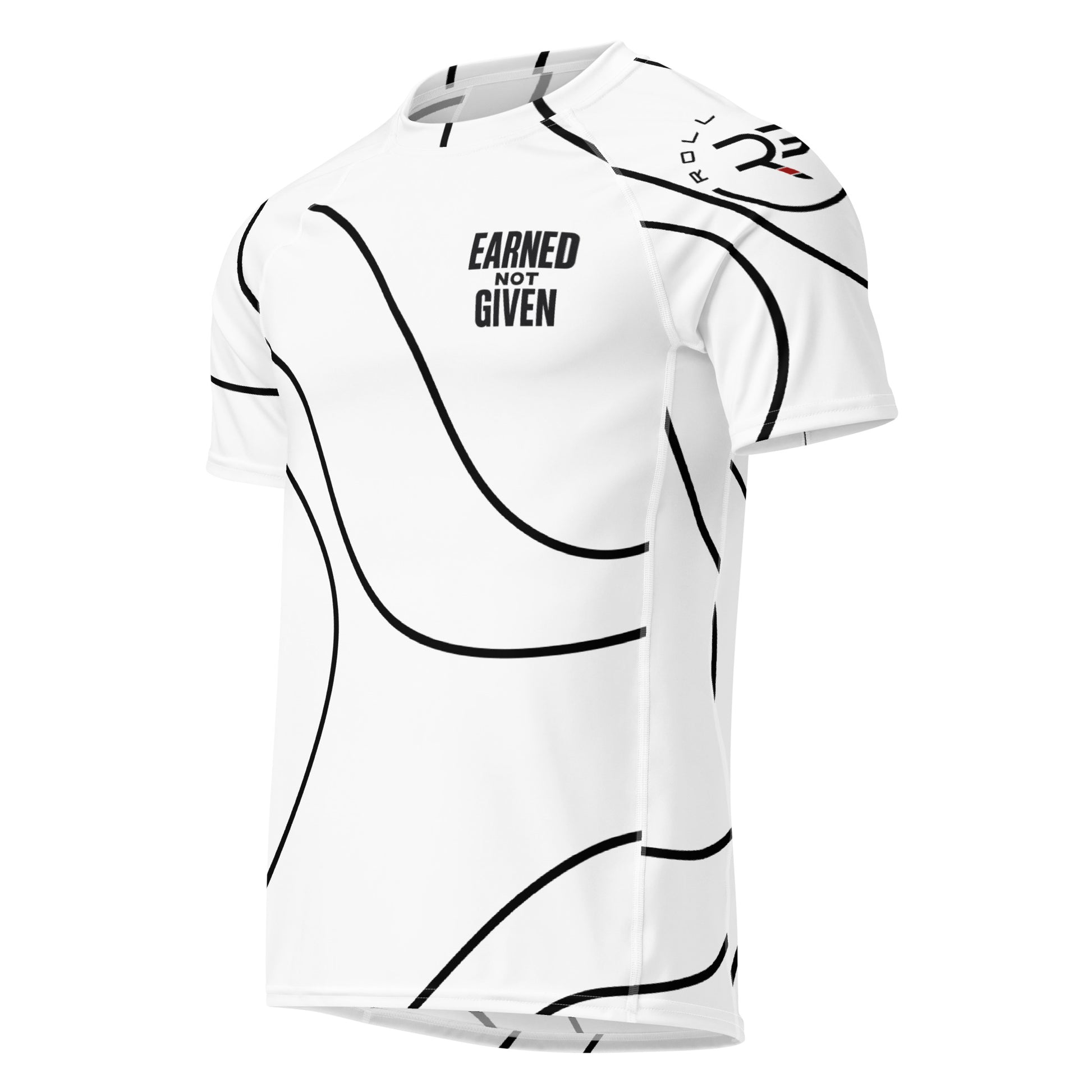 Roll Gear minimal contour lines rash guard. Short sleeve BJJ rash guard. Earned not given. Own the mat. White and black. 