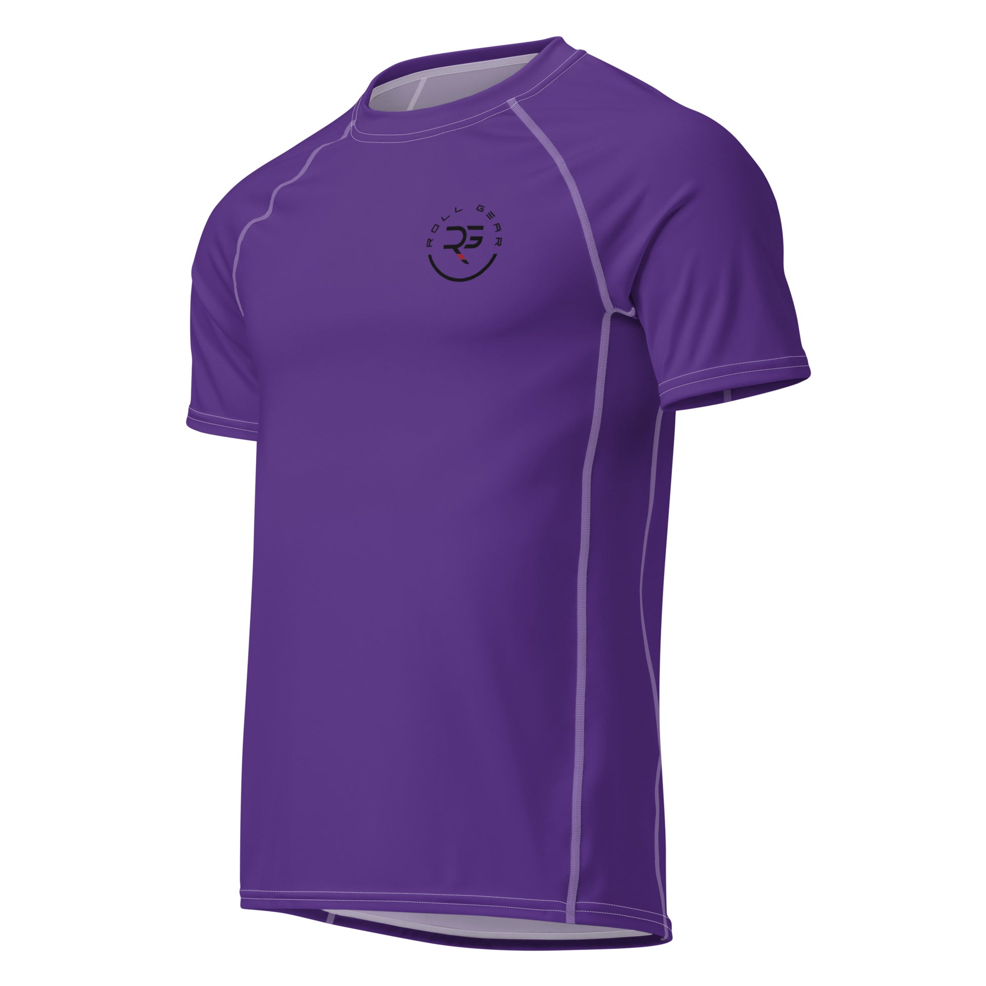 Purple short sleeve BJJ rash guard with Roll Gear logo and contrast stitching – ranked compression top for intermediate Brazilian Jiu-Jitsu athletes training no-gi or MMA
