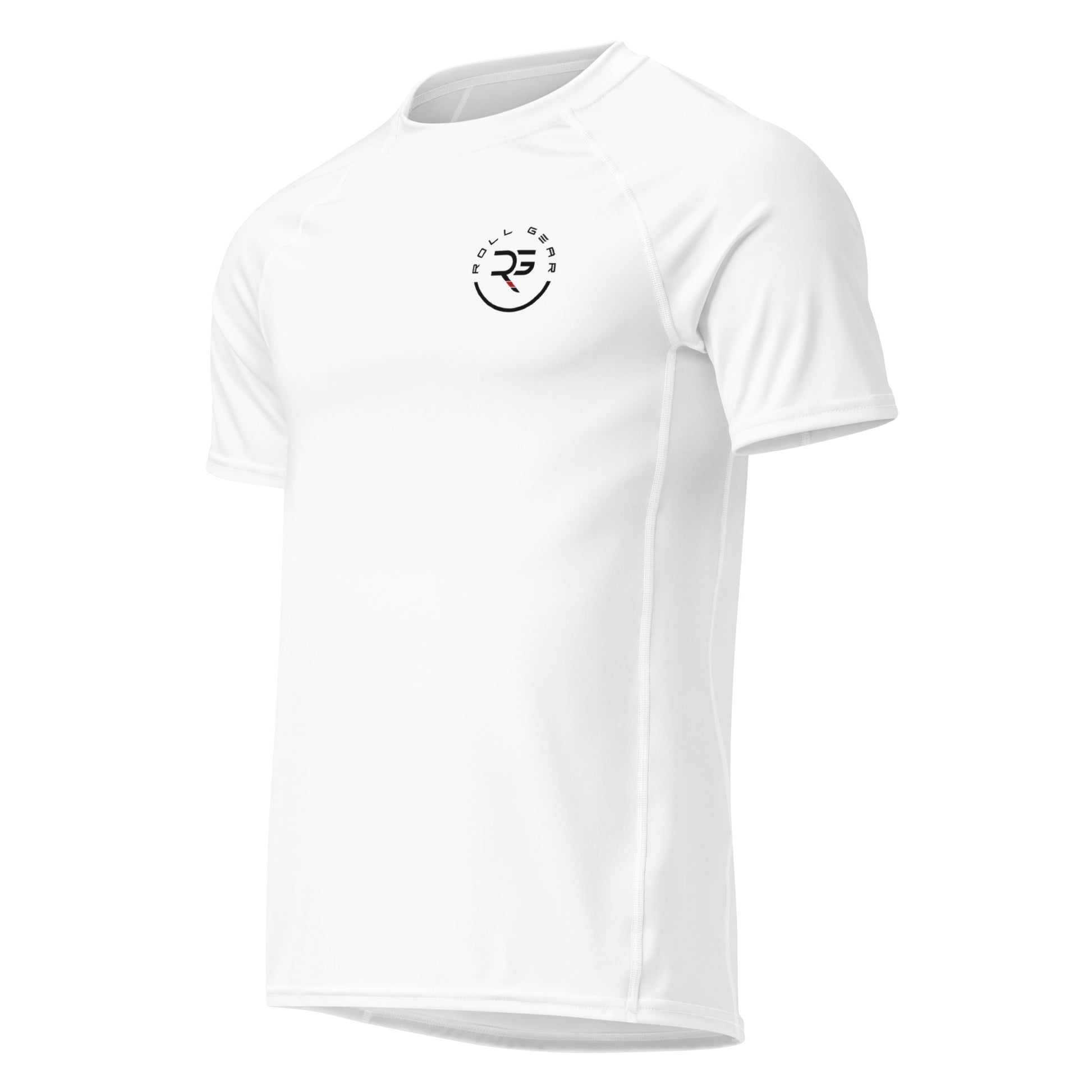 White short sleeve BJJ rash guard with Roll Gear logo and contrast stitching – clean, minimalist compression top for no-gi training and white belt Brazilian Jiu-Jitsu athletes