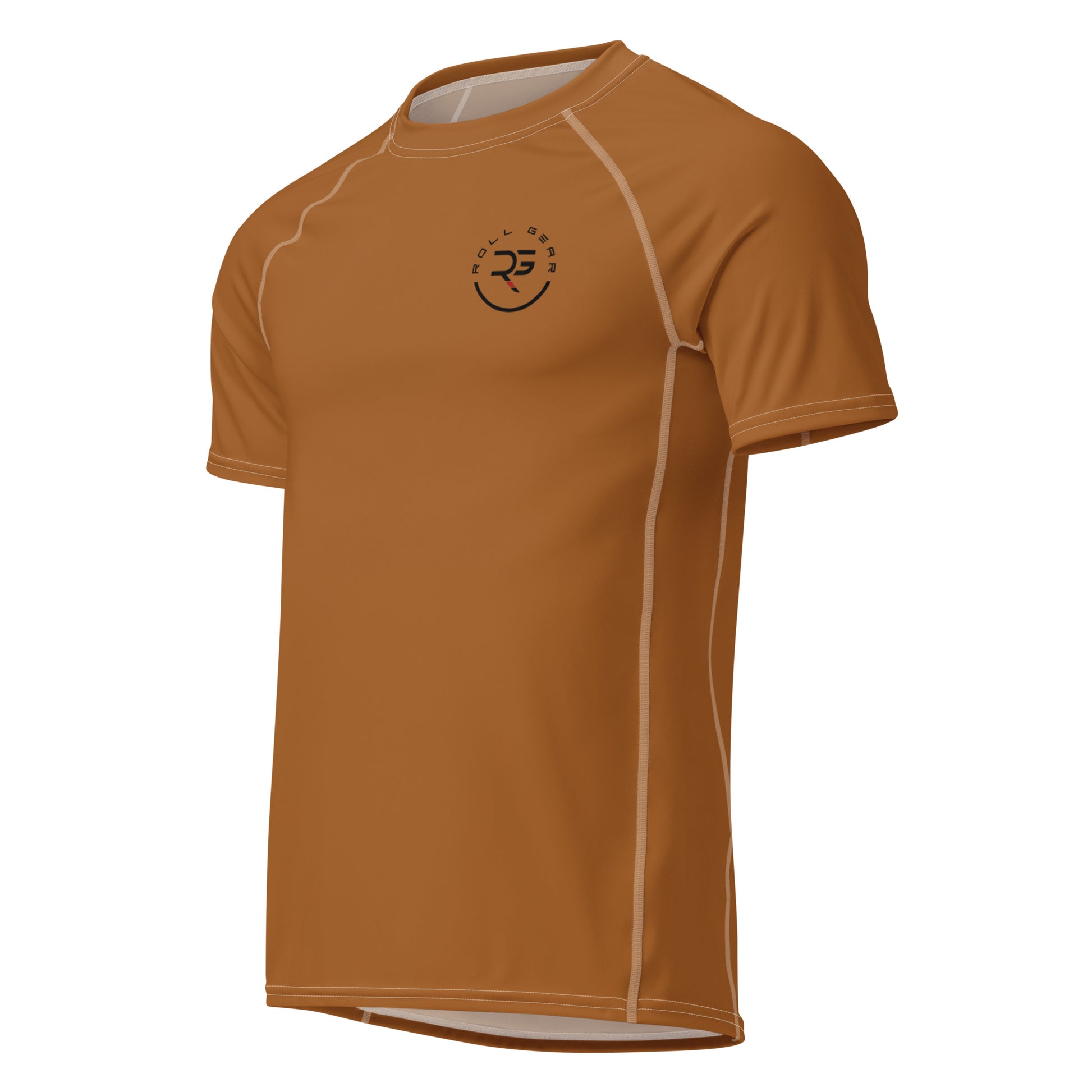 Brown short sleeve BJJ rash guard with Roll Gear logo and contrast stitching – minimalist compression top for ranked Brazilian Jiu-Jitsu athletes, no-gi grappling, and MMA training