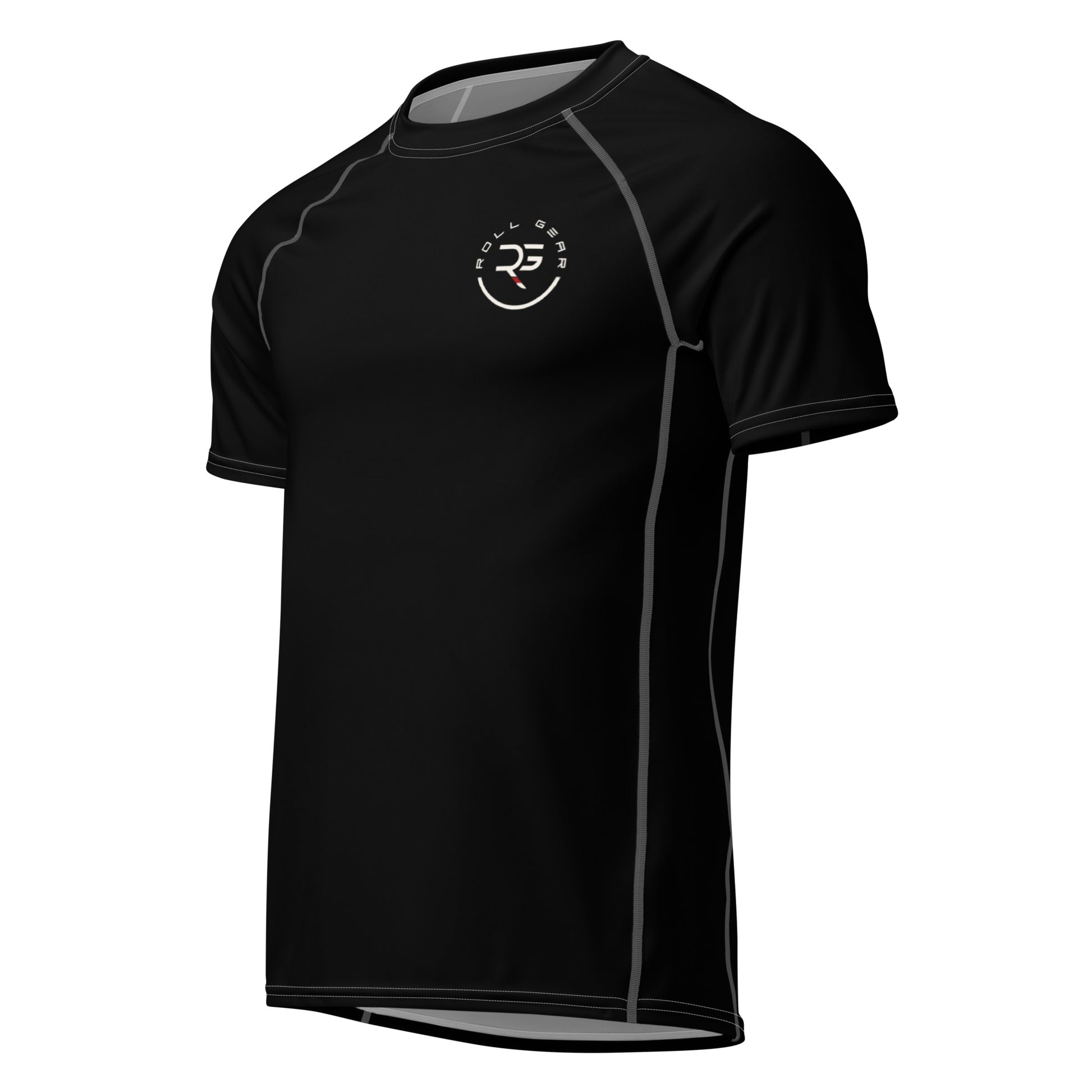 Black short sleeve BJJ rash guard with Roll Gear logo and grey stitching – minimalist compression top for no-gi grappling, Brazilian Jiu-Jitsu, and MMA training