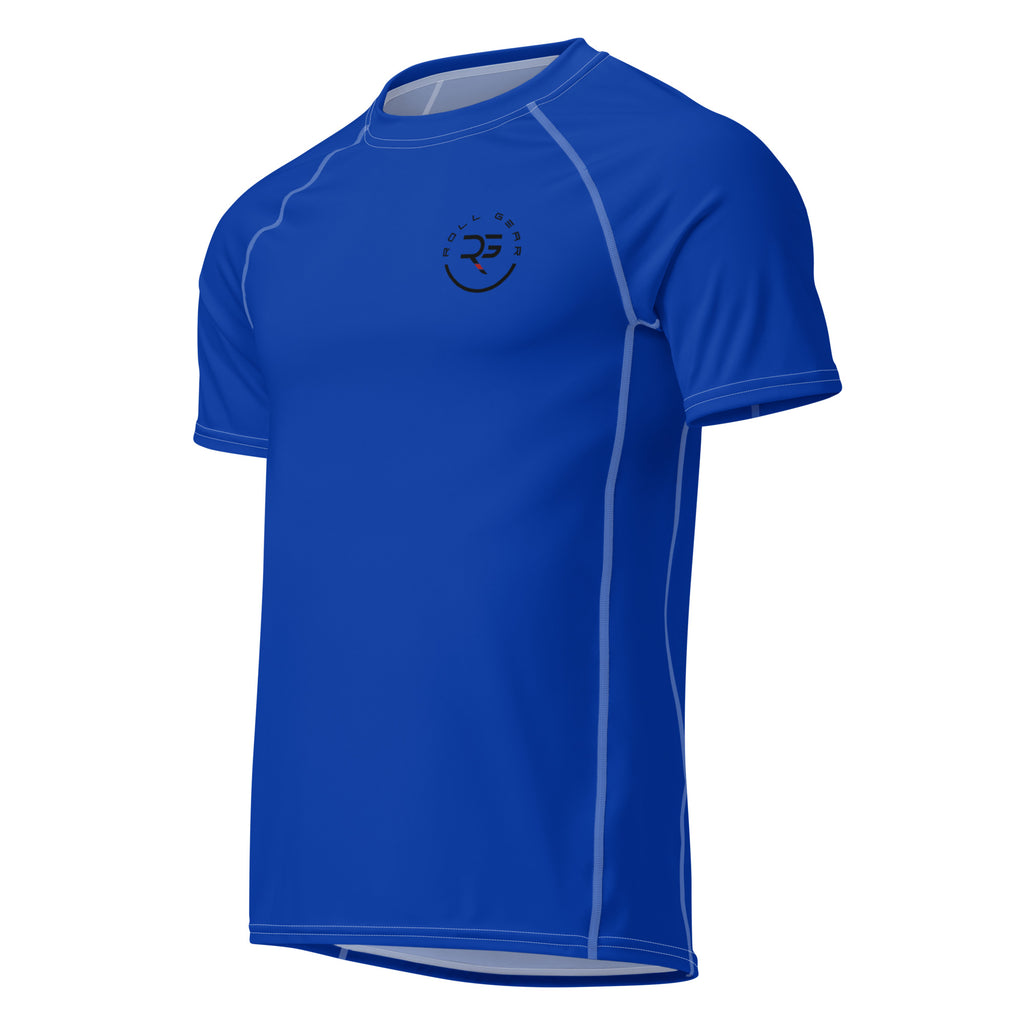 Blue athletic shirt with a logo on a white background