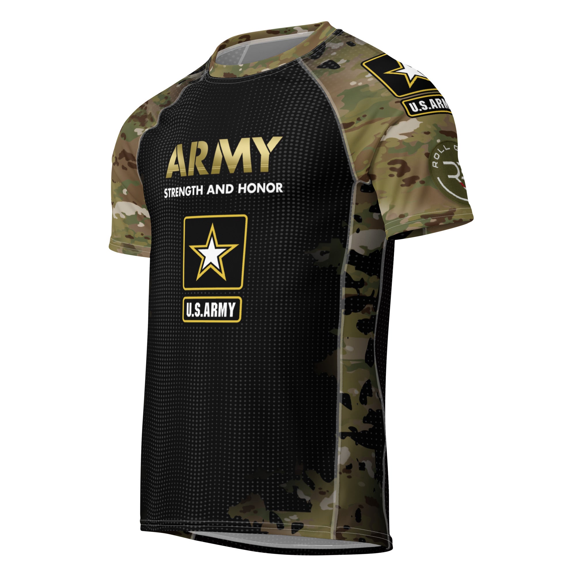 Army Strength and Honor Short Sleeve Rash Guard - Military Camo BJJ No-Gi Compression Shirt