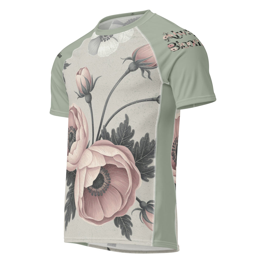 Short-sleeve shirt with floral design on a white background
