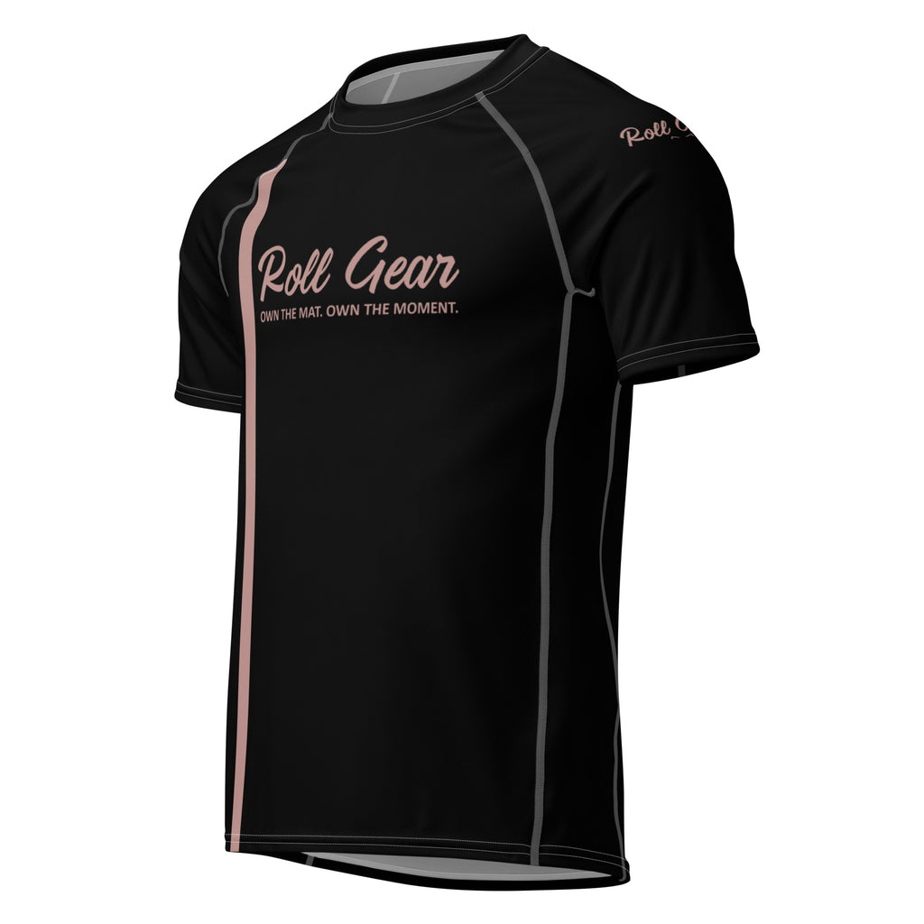 Black athletic shirt with pink accents and 'Roll Gear' branding on a white background