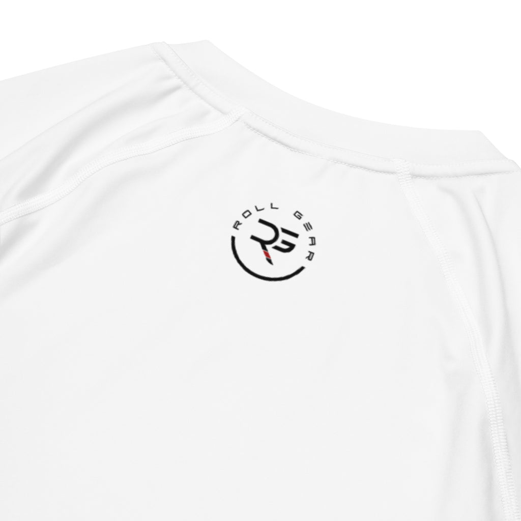 Back view of white short sleeve BJJ rash guard with streamlined cut and durable stitching – ideal entry-level grappling gear for no-gi jiu-jitsu and MMA training
