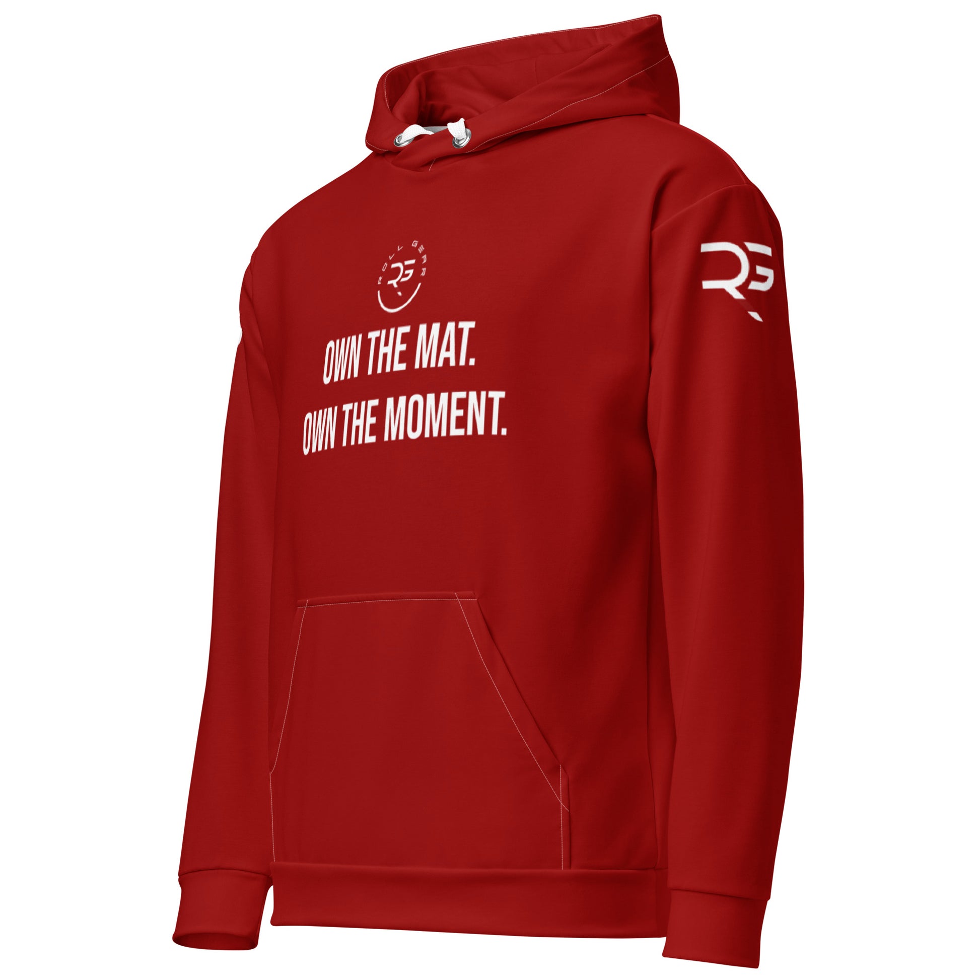 Red hoodie with white text and logos on a white background