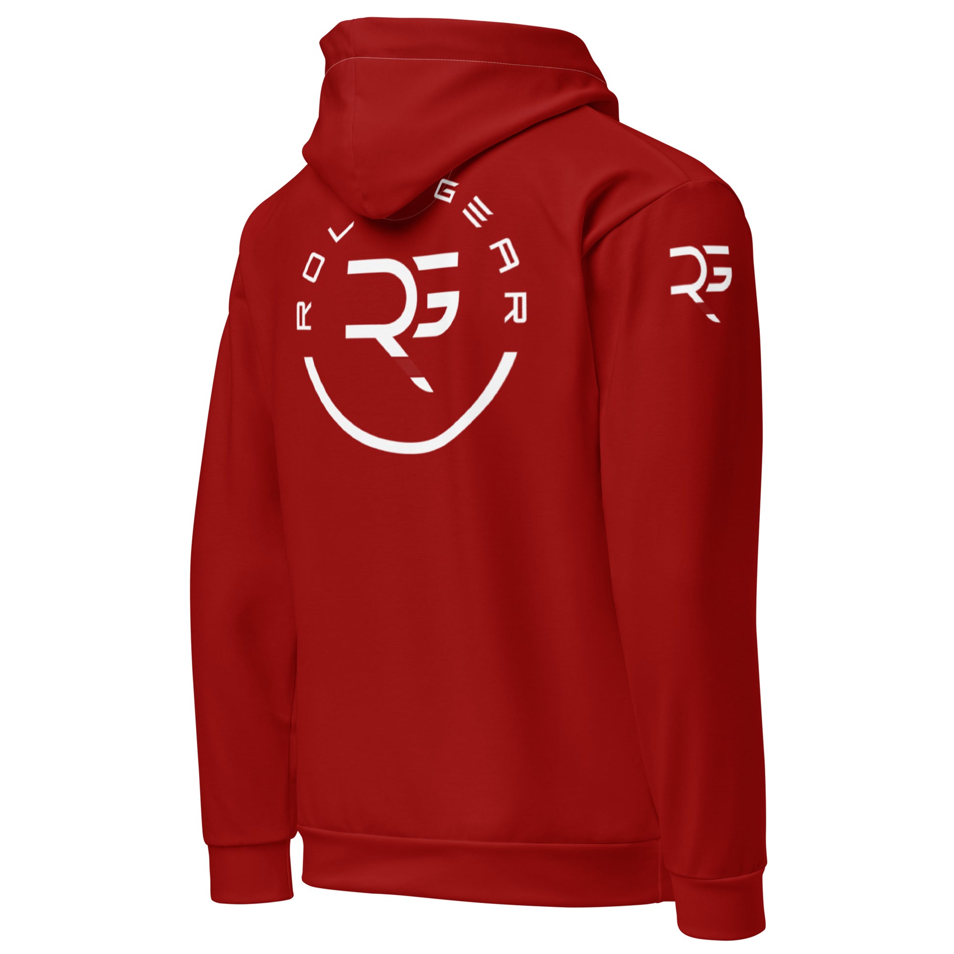 Red hoodie with white logo on the back against a white background