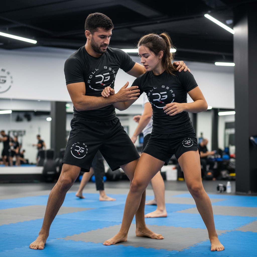 Two individuals practicing martial arts on a blue mat in a gym setting.