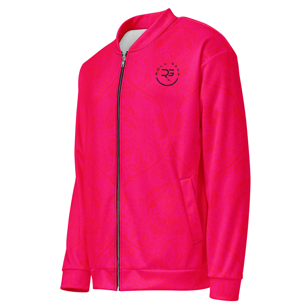 Pink jacket with a logo on the chest against a white background