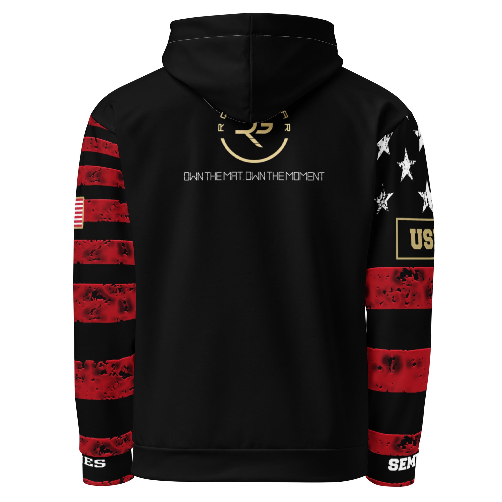 Black hoodie with red and white sleeve designs on a white background