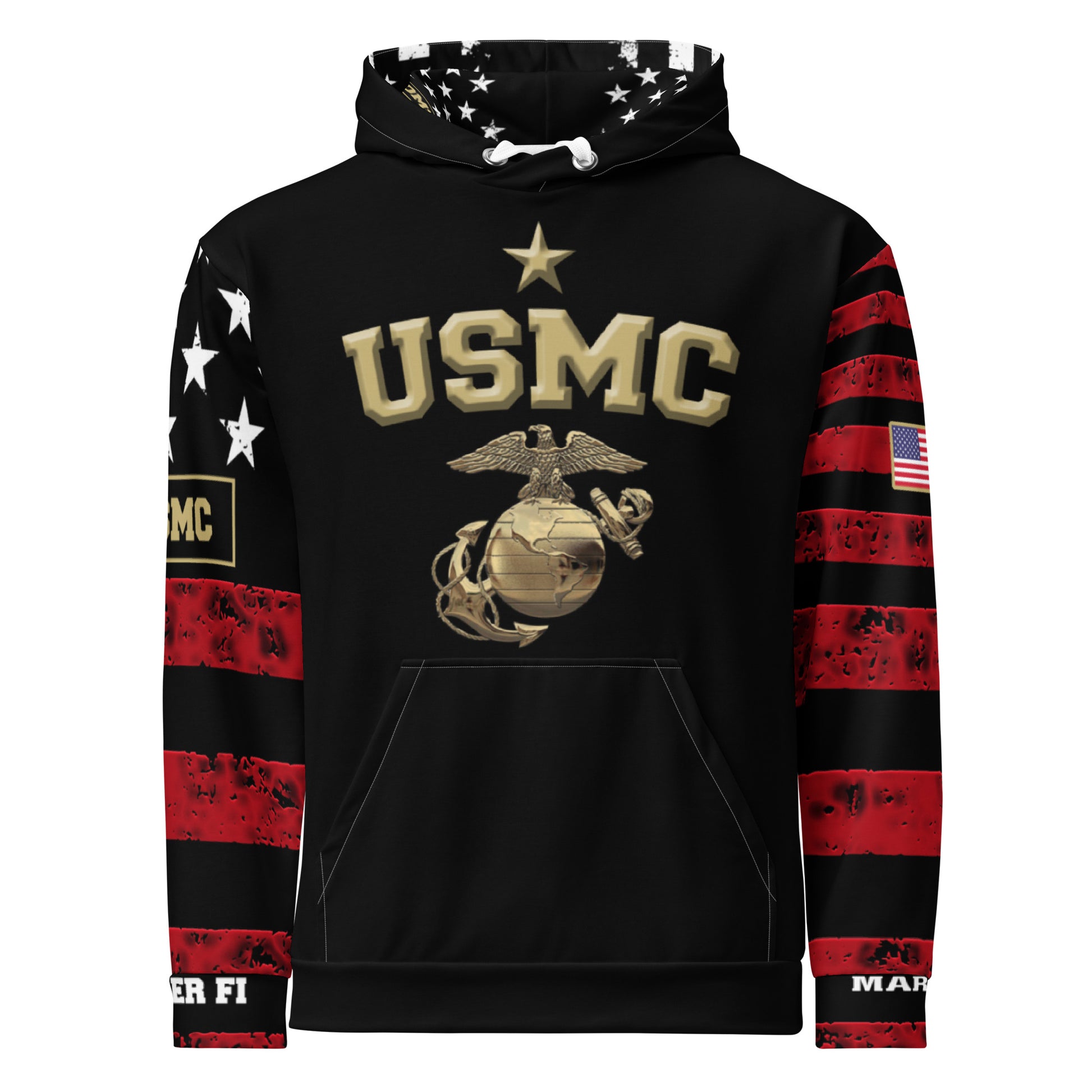 Black hoodie with USMC logo and American flag design on sleeves