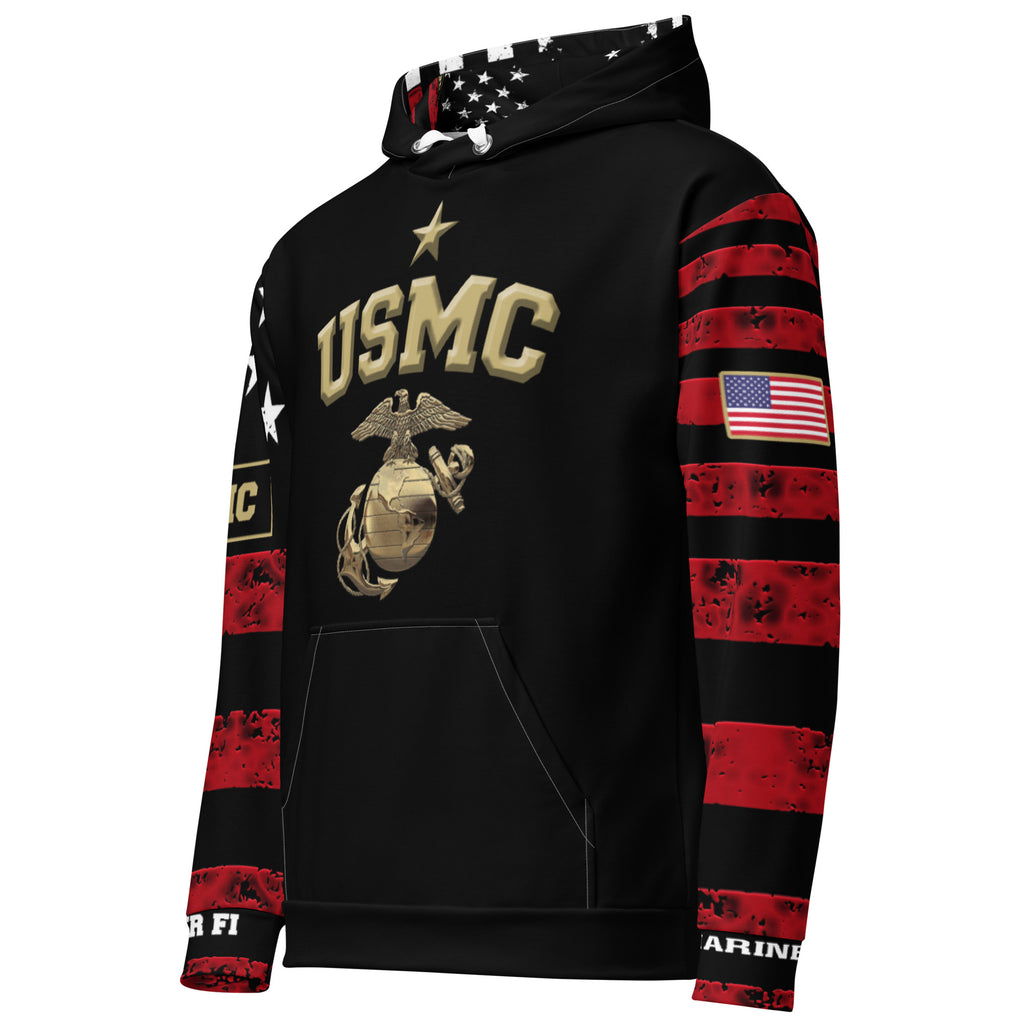 Black hoodie with USMC logo and American flag design on sleeves against a white background
