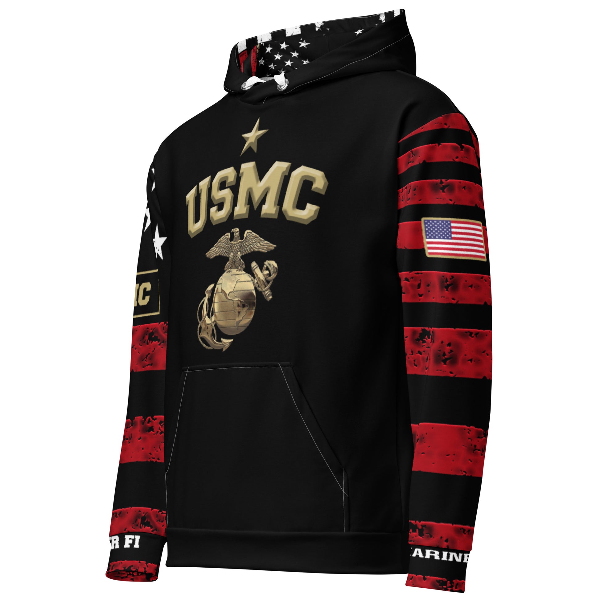 Black hoodie with USMC logo and American flag design on sleeves against a white background