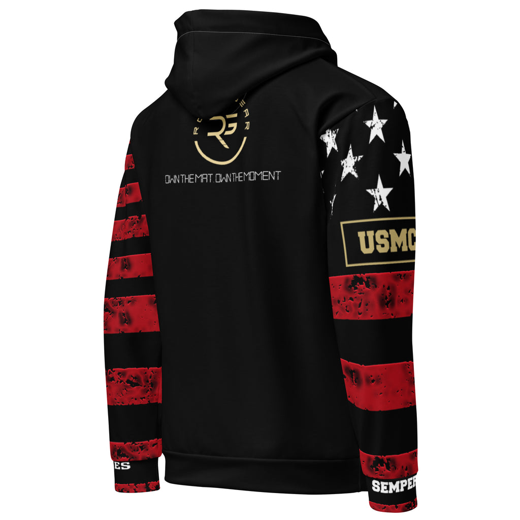 Black hoodie with red and white striped sleeves and American flag design on a white background