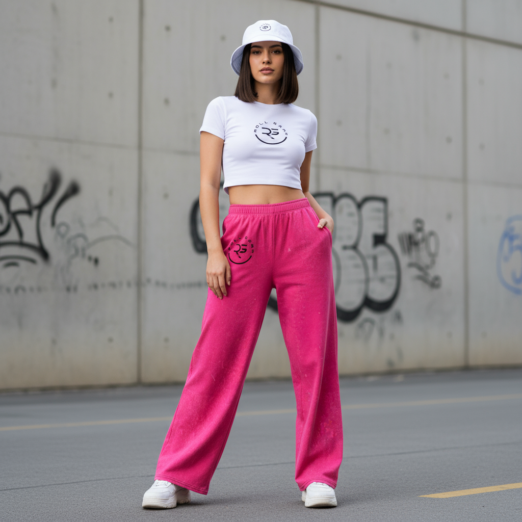 Woman wearing a white crop top and pink sweatpants standing in front of a graffiti-covered wall.