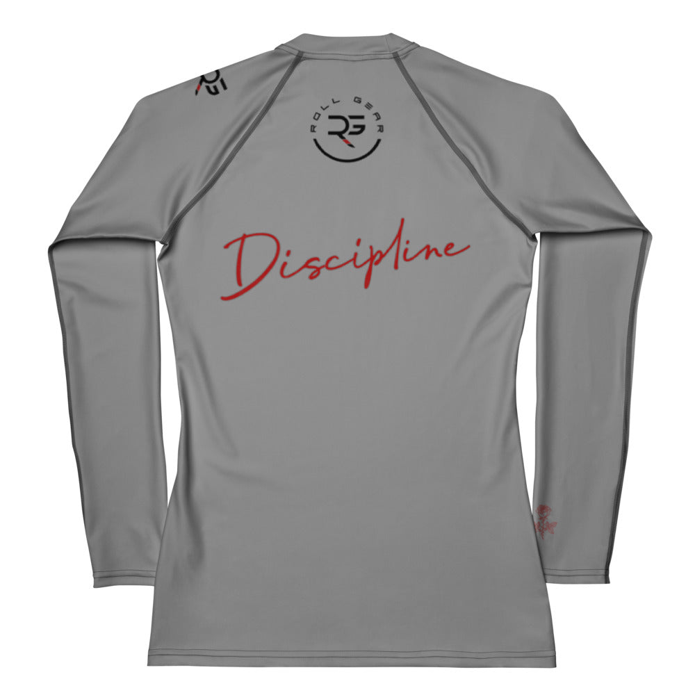 Gray long-sleeve shirt with 'Discipline' text and logo on a white background