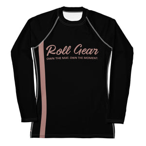 Women’s long-sleeve rash guard featuring a repeating bow pattern. Designed for grappling and martial arts with a flattering fit, four-way stretch fabric, and UPF 50+ protection. Roll gear 