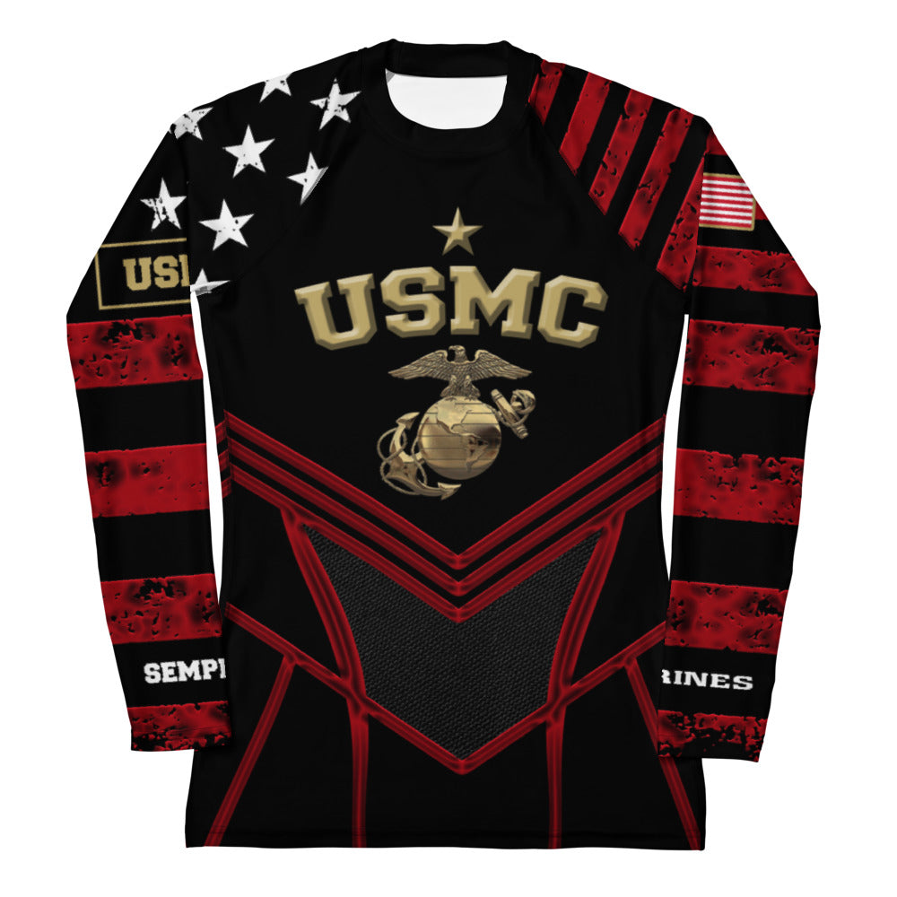 Long-sleeve shirt with USMC logo and American flag design on a white background