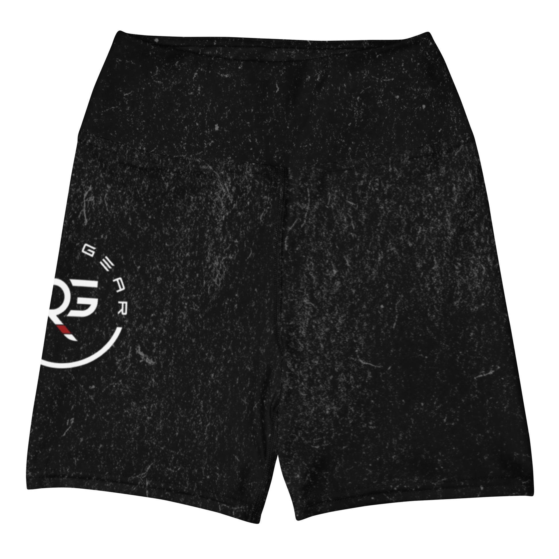 Black shorts with a logo on the side against a white background