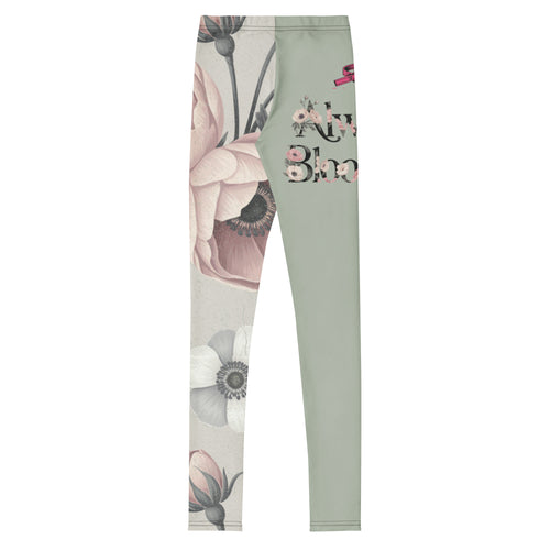 Leggings with floral design and text on a white background