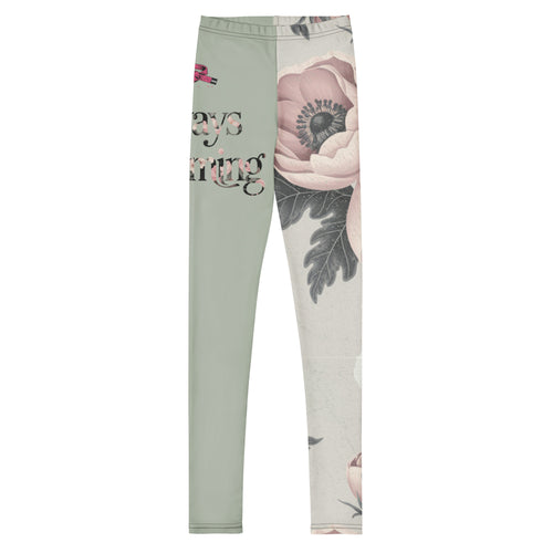 Leggings with floral design and text on a white background