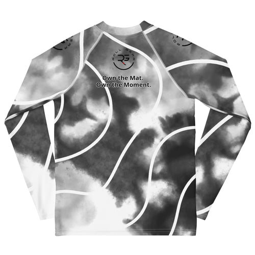 Black and white patterned long-sleeve shirt with a logo and text on a white background