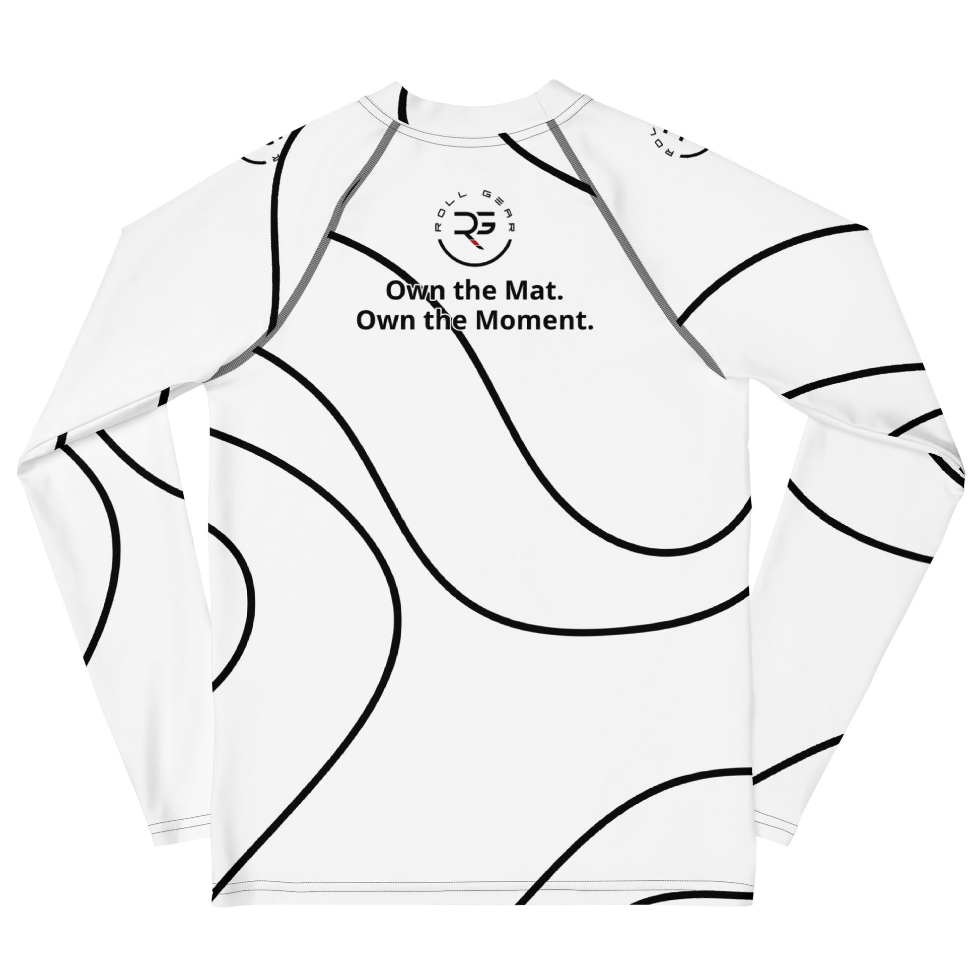 White long-sleeve athletic shirt with black designs and text on a white background