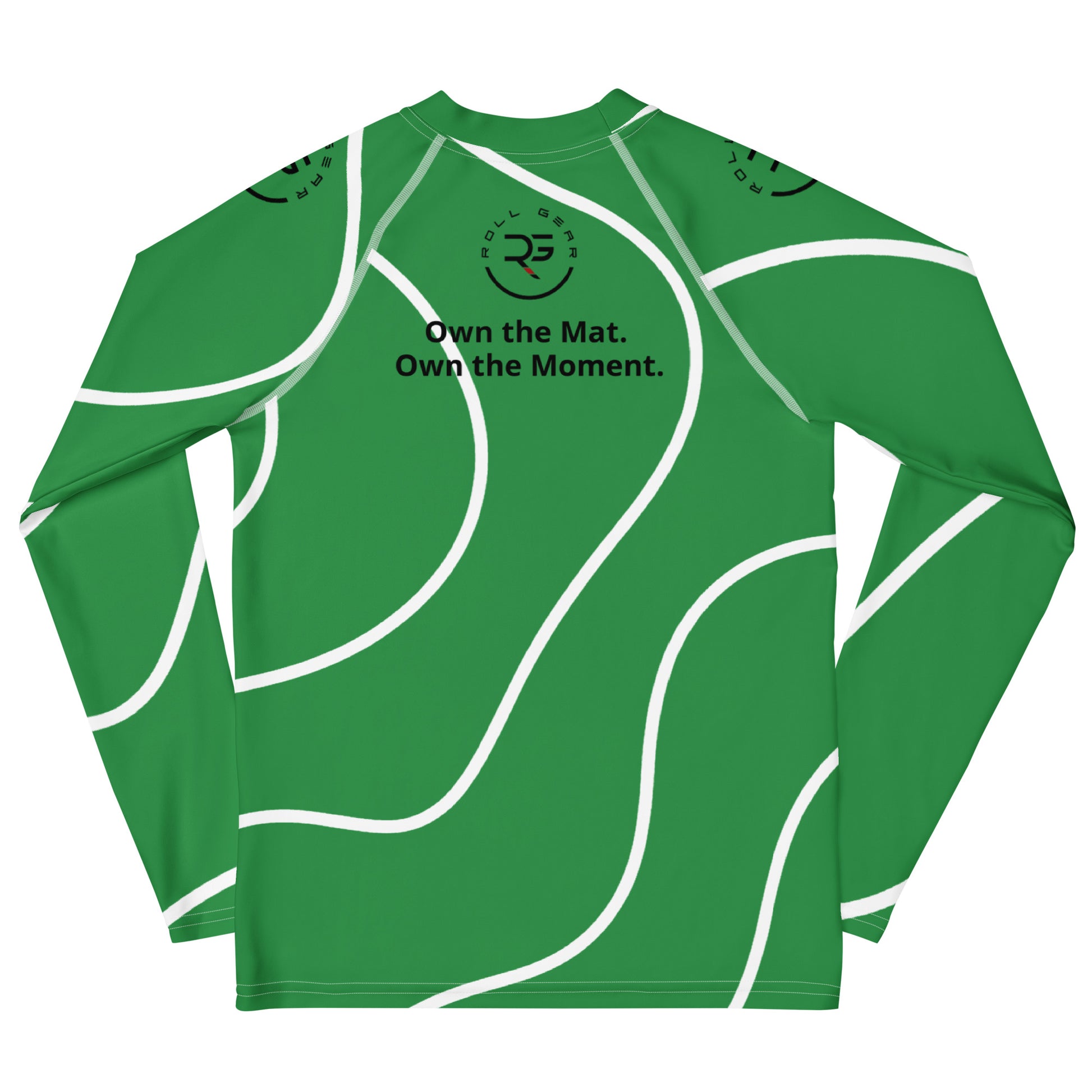 Green long-sleeve shirt with white abstract patterns and text on a white background