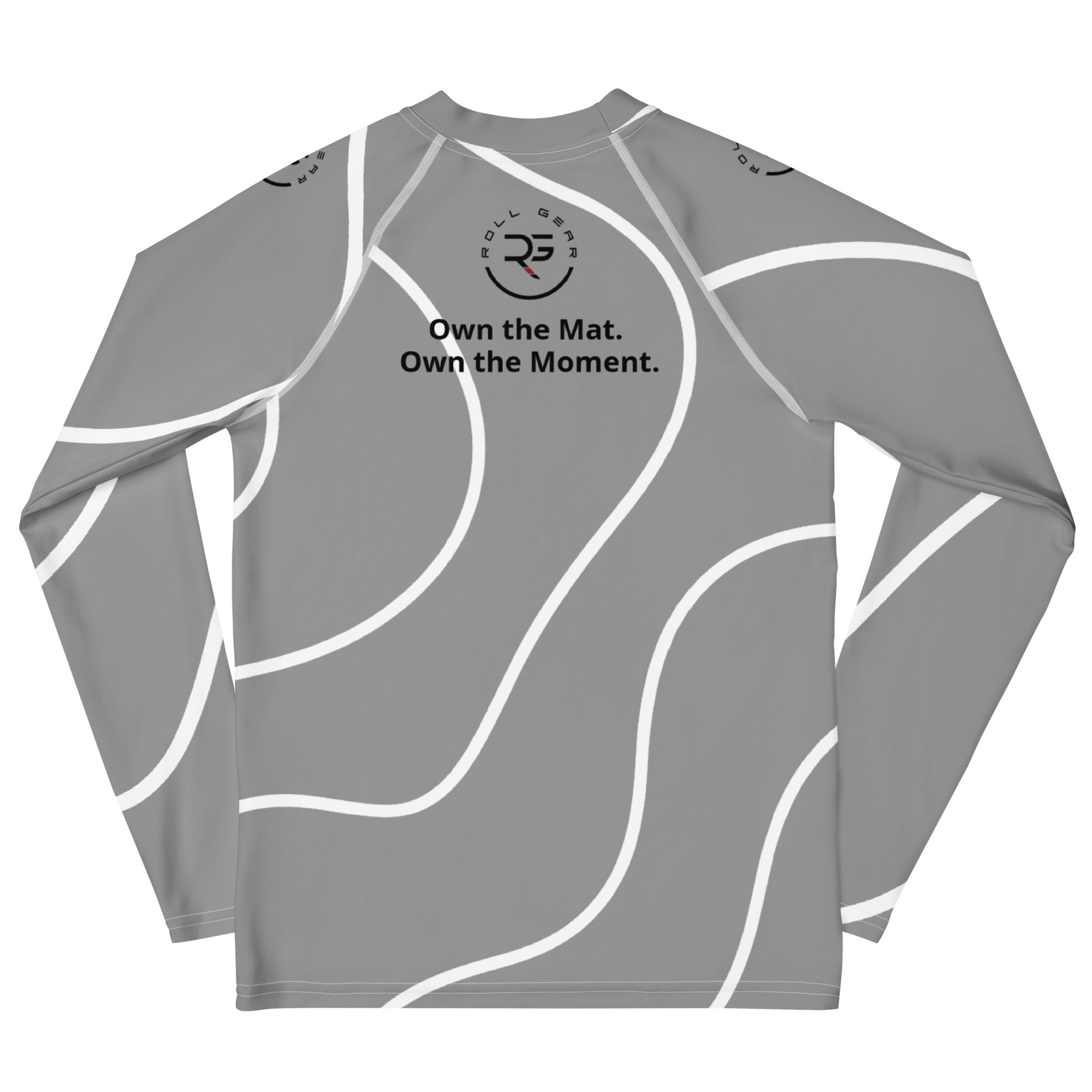Gray long-sleeve athletic shirt with white designs and text on a white background
