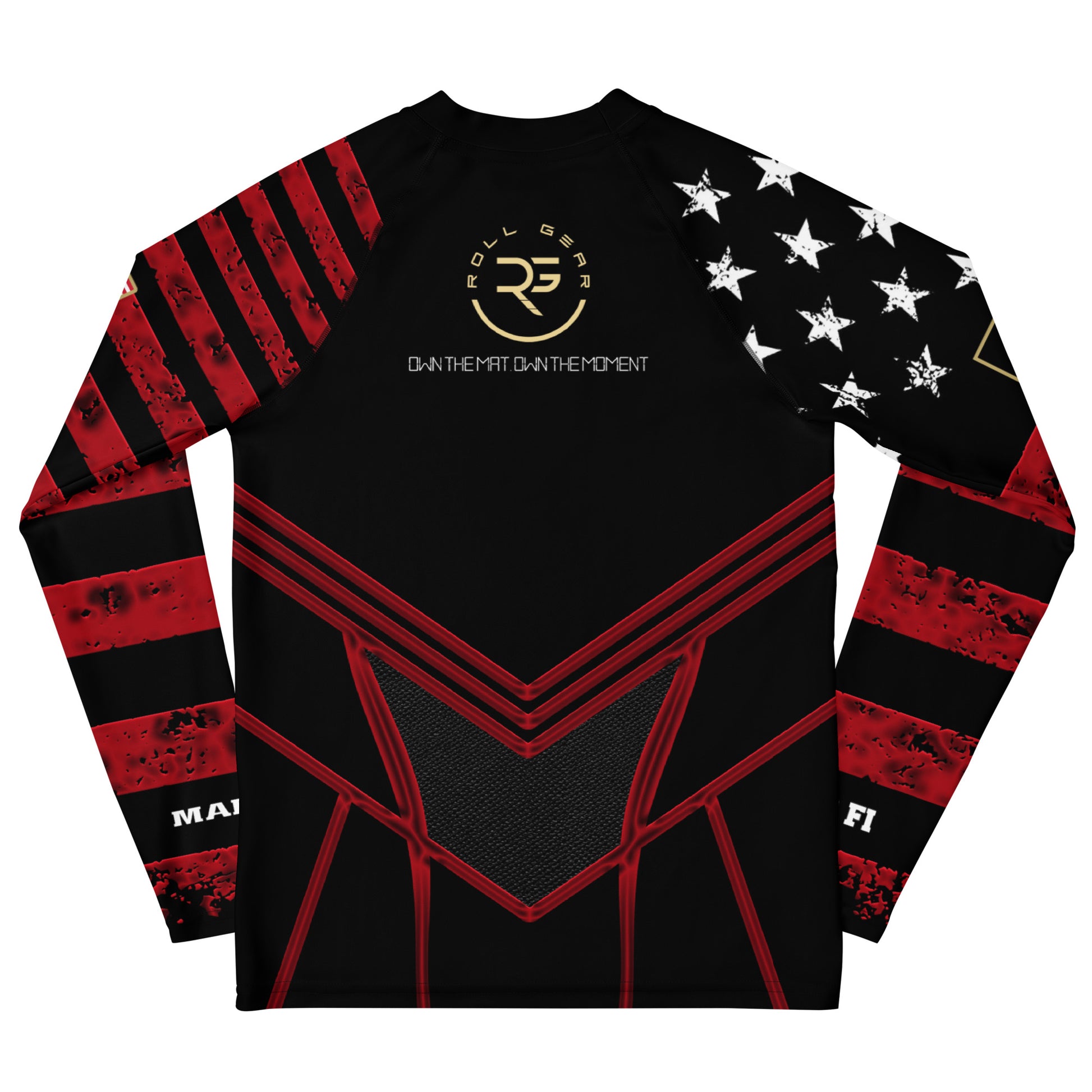 Black long-sleeve shirt with red and white designs on a white background