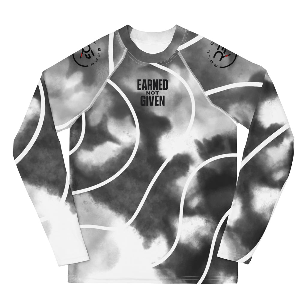 Long-sleeve shirt with abstract pattern and 'Earned Not Given' text on a white background